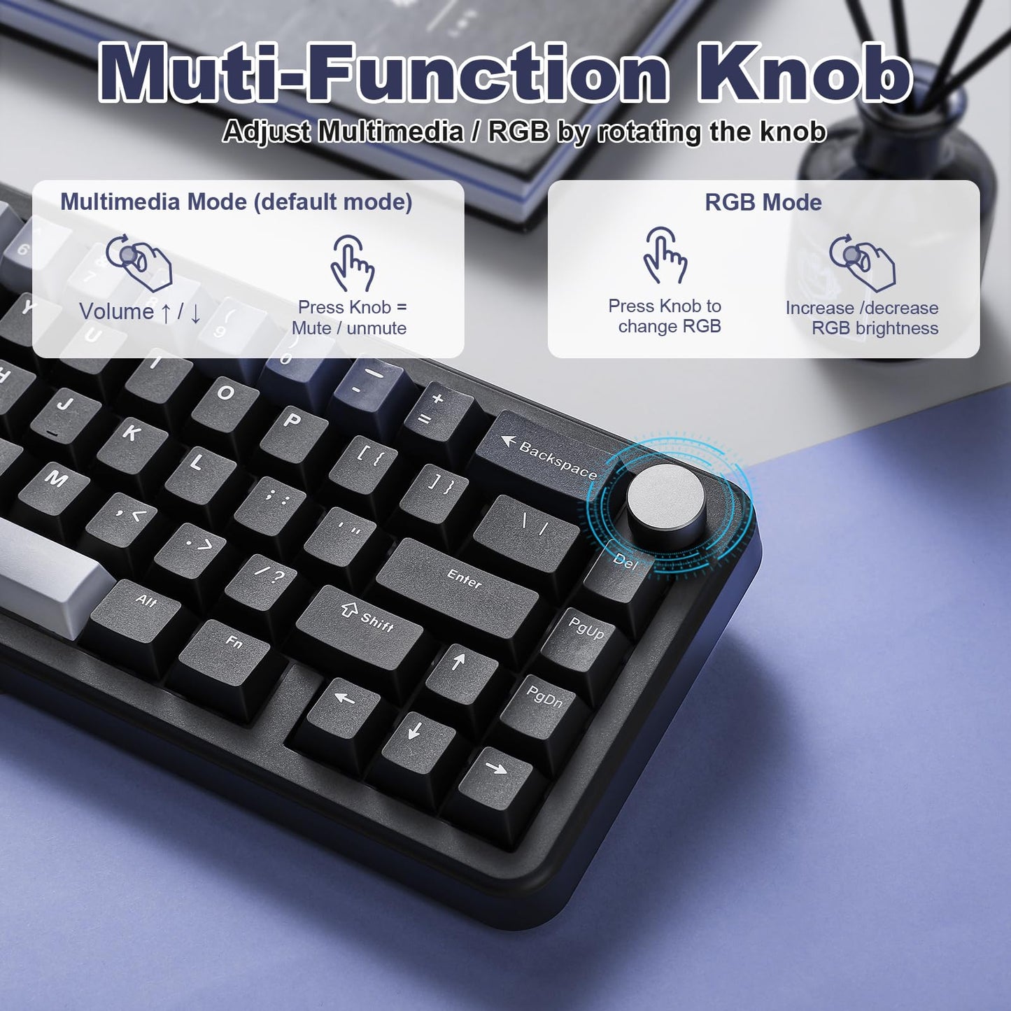 YUNZII B68 Wireless Mechanical Keyboard,Tri-Mode BT5.0/2.4GHz/USB-C,Cute PBT Keycaps,Hot Swappable Creamy Typing Gasket Mounted,RGB Backlit NKRO for Win/Mac (Black, Milk V2 Switch)