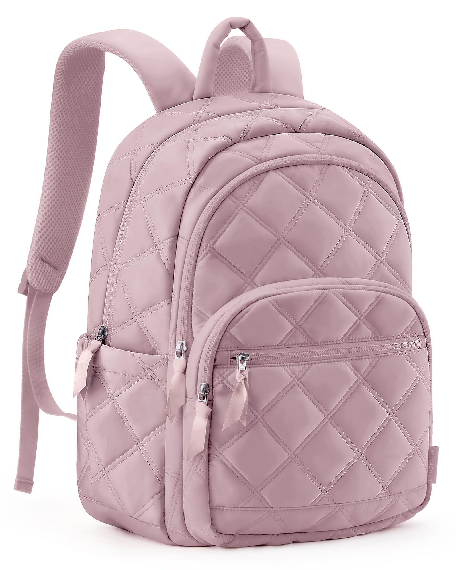BAGSMART Travel Laptop Backpack, College Backpack for Women, Quilted Small Computer Bookbag, Water-Resistant 15.6 Inch Laptop Casual Bag, Dark Pink