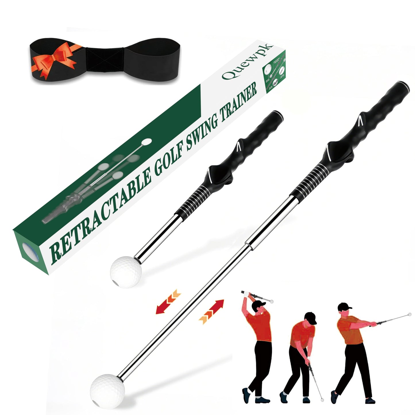 Quewpk Retractable Golf Swing Trainer – Golf Grip Trainer with Arm Band for Right-Handed Golfers, Grip Correction & Swing Click Feedback Training Aid, Indoor & Outdoor Practice, Golf Gifts for Men