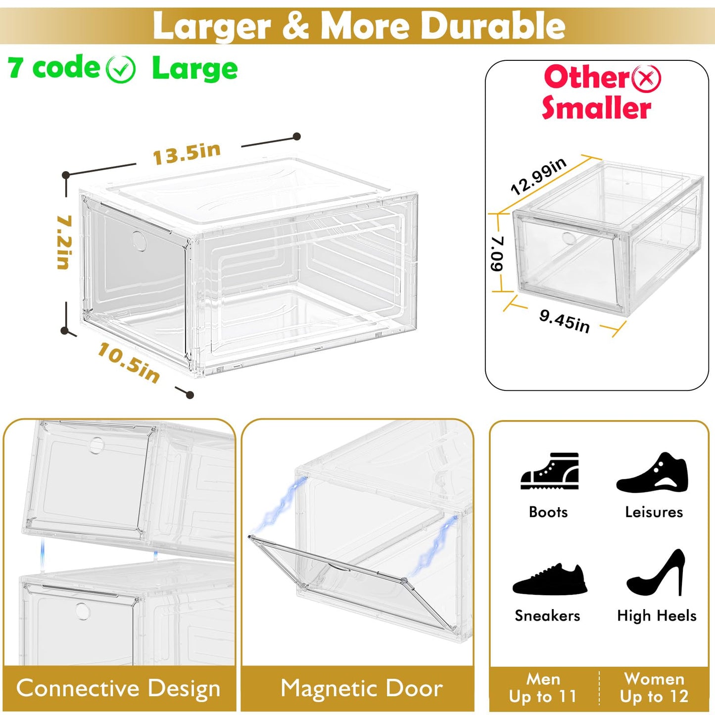 7 code Large Clear Shoe Boxes Organizer【Thicker Material】 Stronger Shoe Box with Magnetic Door, Stackable Shoe Storage Box for Closet, Foldable Space-Saving Storage Bins Shoe Cabinet, White 9 Pack
