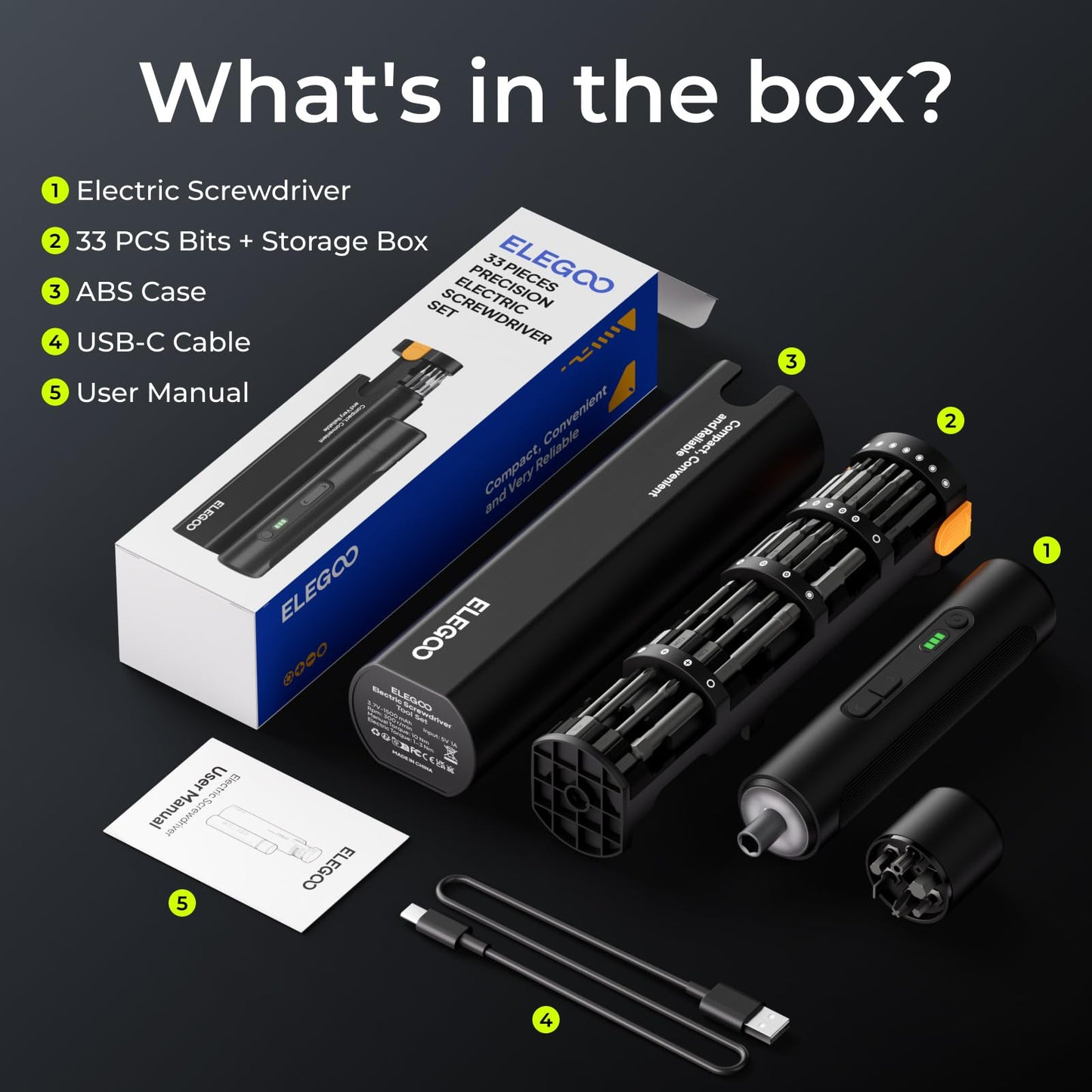 ELEGOO Electric Screwdriver Set with 33 Magnetic Bits and 3 Torque Setting, Max 10 N.m, 1500mAh Rechargeable Cordless Screwdriver, LED Light, Mini Power Screwdriver Tool Kit for 3D Printer, PC, Camera