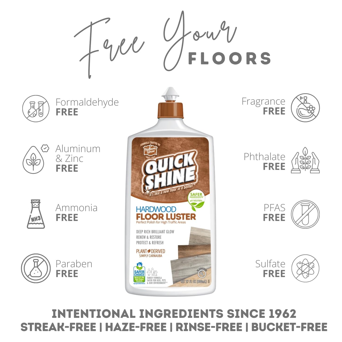 Quick Shine Hardwood Floor Luster-Polish 27oz-6pk | Plant-Derived w/Carnauba | Safer Choice, No PFAS, pH Neutral | Ready to Use Formula w/Anti-Slip Technology | Simply Squirt & Spread | Made in USA