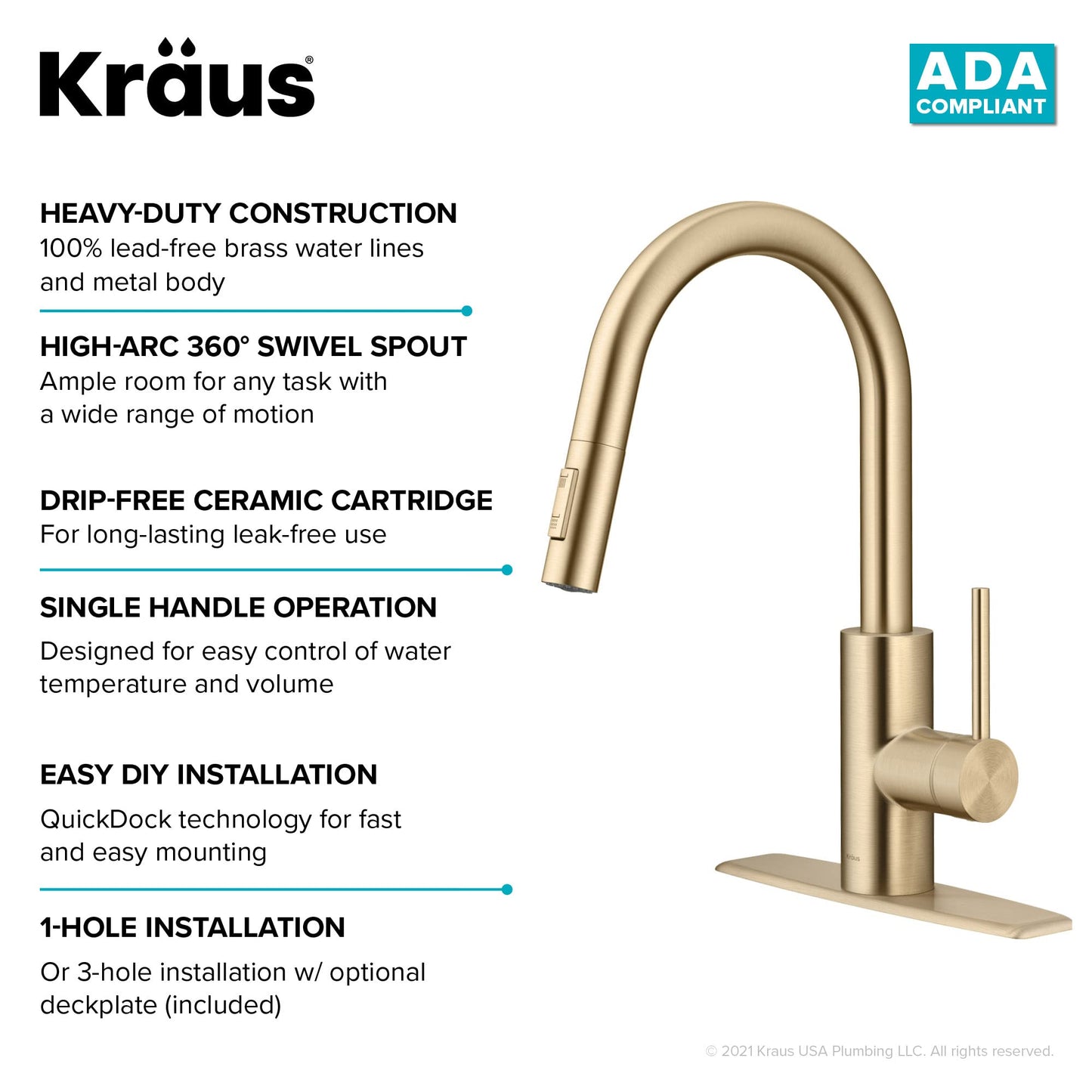 KRAUS Oletto Single Handle Pull Down Kitchen Faucet with QuickDock Top Mount Installation Assembly in Spot Free Antique Champagne Bronze, KPF-2620SFACB