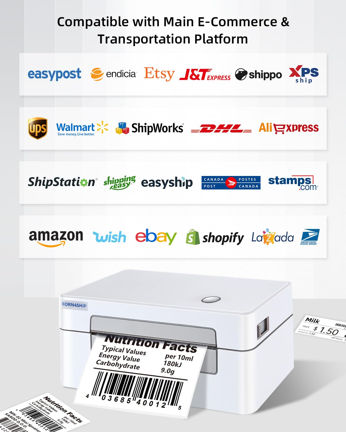 BORN4SHIP Bluetooth Shipping Label Printer, 4x6 Thermal Printer for Shipping Packages, Thermal Label Printer for Small Business, Widely Used for Amazon, iPhone, Android, iPad, Windows, macOS (Gray)