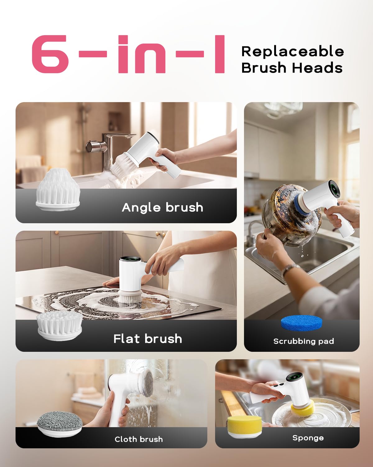 PUFTEM Electric Spin Scrubber for Bathroom Cleaning, Cordless Shower Scrubber with 6 Brush Heads, Dual-Direction Rotation, Handheld Cleaning Brush for Grout, Tile, Tub, Sink & Corners, White