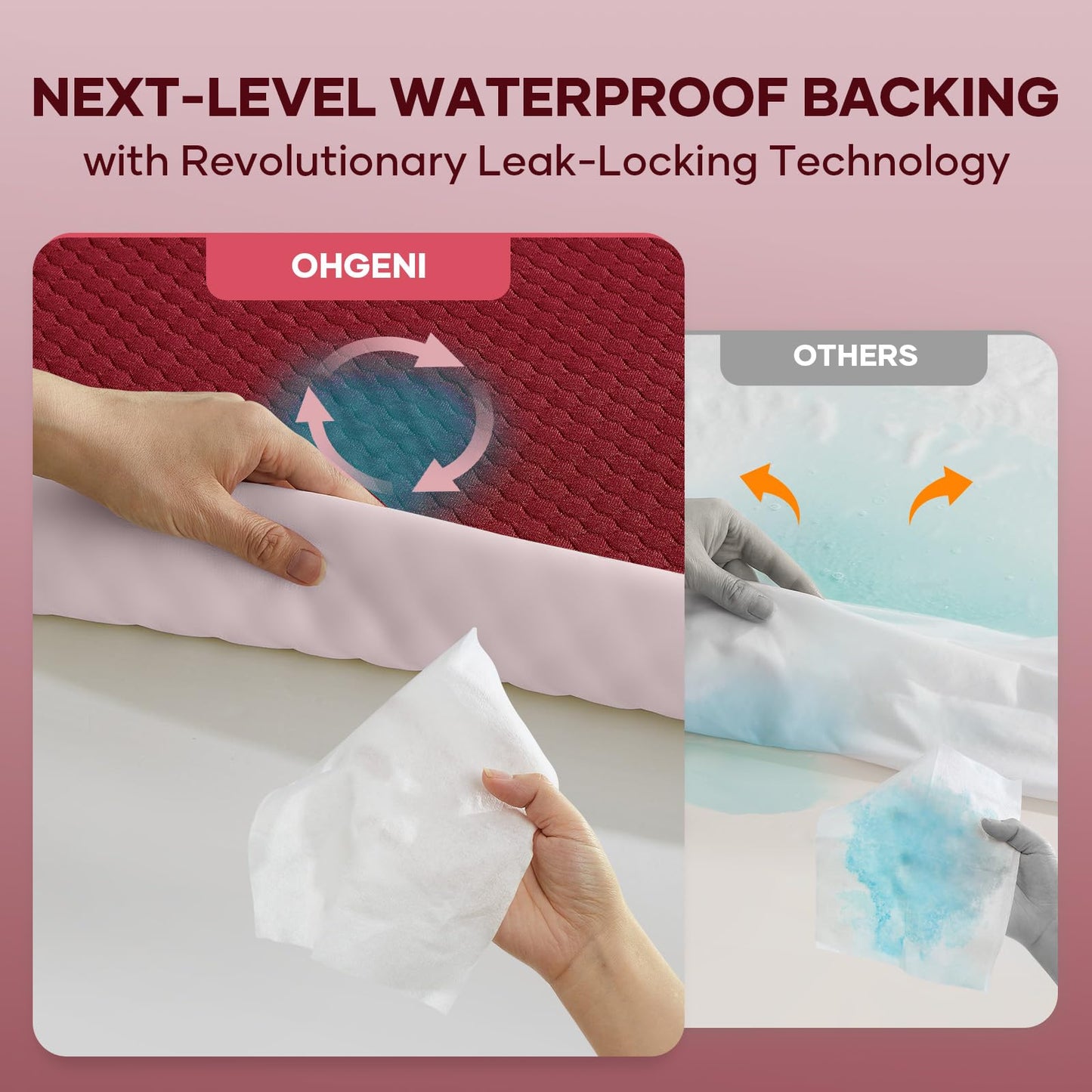 OhGeni 100% Waterproof Mattress Protector,Queen Size Mattress Soft Pad,Pet Hair & Bedwetting Resistant,Cooling Breathable Fitted Sheets,Washable Bed Cover,Non-Slip Deep Pocket,Noiseless,Red