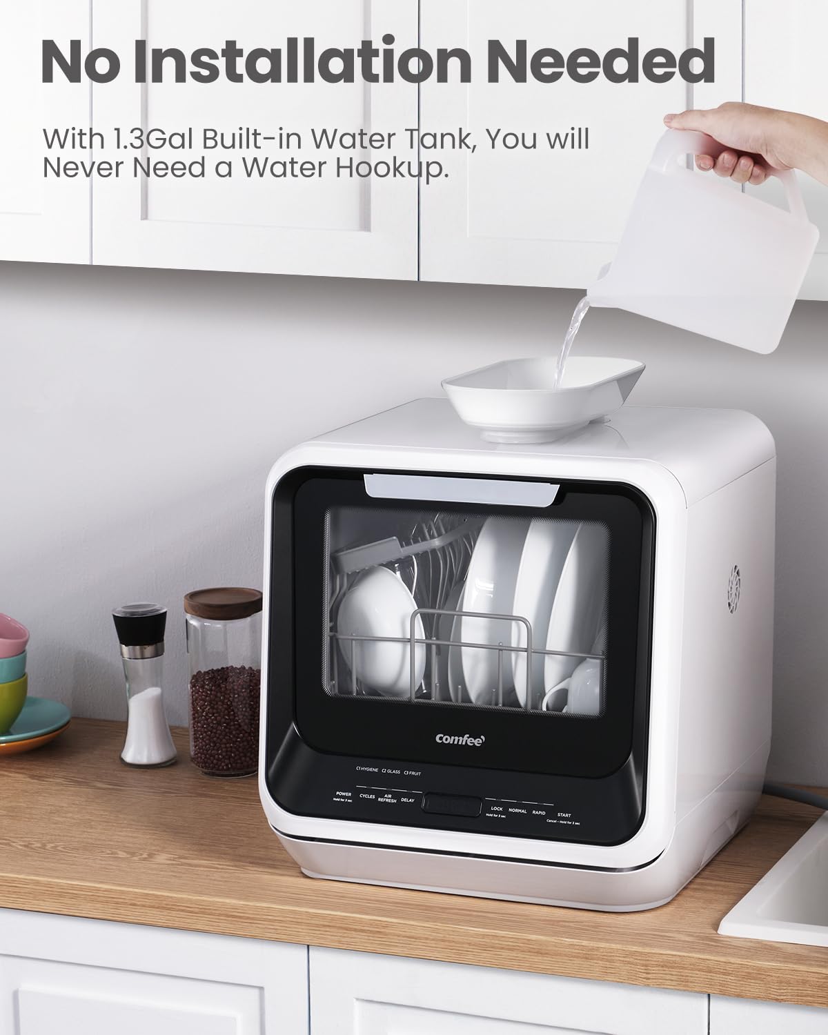 COMFEE' Portable Mini Dishwasher Countertop with 1.32Gal Built-in Water Tank for Apartments& RVs, No Hookup Needed, 6 Programs, 360° Dual Spray, 162℉ High-Temp& Air-Dry Function