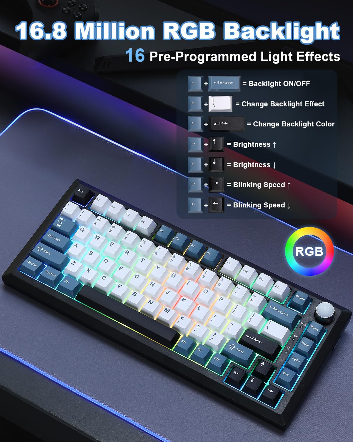 MIKIBY Y75 Gasket Wireless Mechanical Keyboard,75% Hot-Swappable with Knob, Tri-Mode,Creamy Pre-lubed Milk Linear Switches & Doubleshot PBT Keycaps, RGB, Win/Mac (Black & Blue)