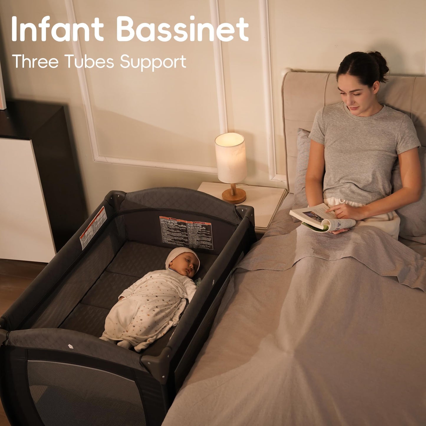 Pamo Babe Pack and Play 4-in-1 Baby Playard with Bassinet & Changing Table, Foldable Portable Playpen with Mattress, Nursery Center for Newborn to Toddler 0-36M-Grey