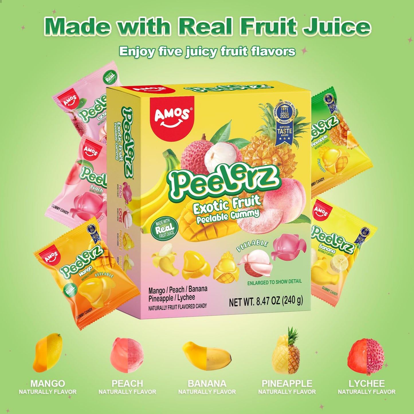 AMOS Peelerz Exotic Fruit Peelable Gummy Candy – 5 Fruit Flavors (Mango, Peach, Banana, Pineapple, Lychee), 8.47oz (240g), Individually Wrapped