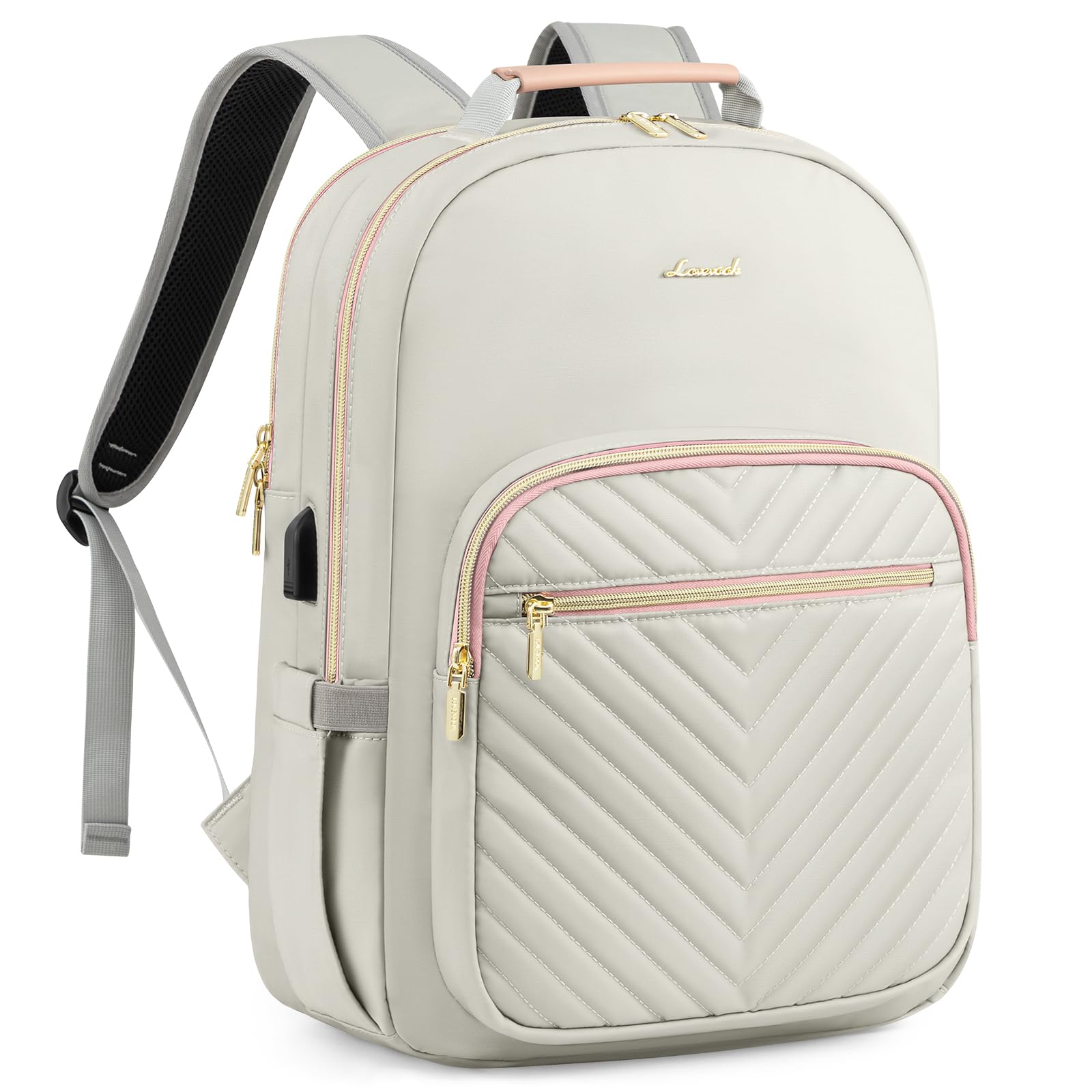 LOVEVOOK Laptop Backpack Purse for Women, Work Travel Computer Bags, College School Backpack for Student Girl, Quilted Casual Daypack with USB Port, Fit 15.6 Inch Laptop, Beige White
