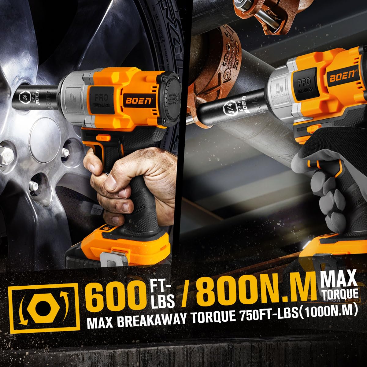 boen Cordless Impact Wrench 1/2 inch, 600FT-LBS(800N.m), Brushless Electric Impact Wrench, 2200RPM High Torque Impact Gun for Car Home, Includes 4.0Ah Battery×1, Charger, IW-75