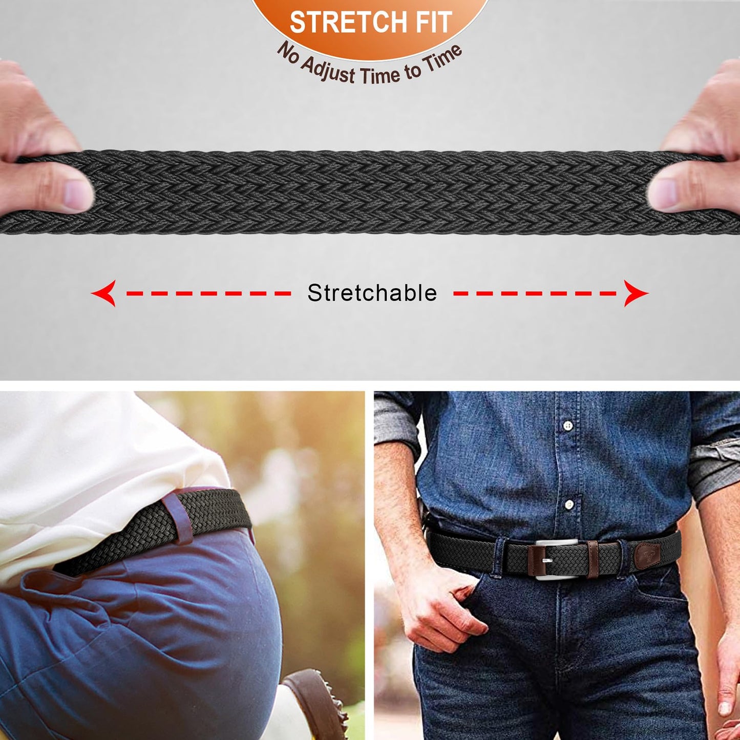 BULLIANT Belt for Men 2Pack,Mens Gift Stretch Braided Web Belt Elastic for Casual Golf Jeans,1 3/8"(Black/Beige,36"-40" Waist Adjustable)