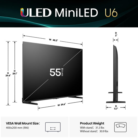 Hisense 55" Class U6 Series Mini-LED 4K UHD Smart Fire TV (55U65QF, 2025 Model) - QLED, Native 144Hz, HDR10+, Dolby Vision IQ, Dolby Atmos, Game Mode Pro, ALLM, Alexa Built in, Black