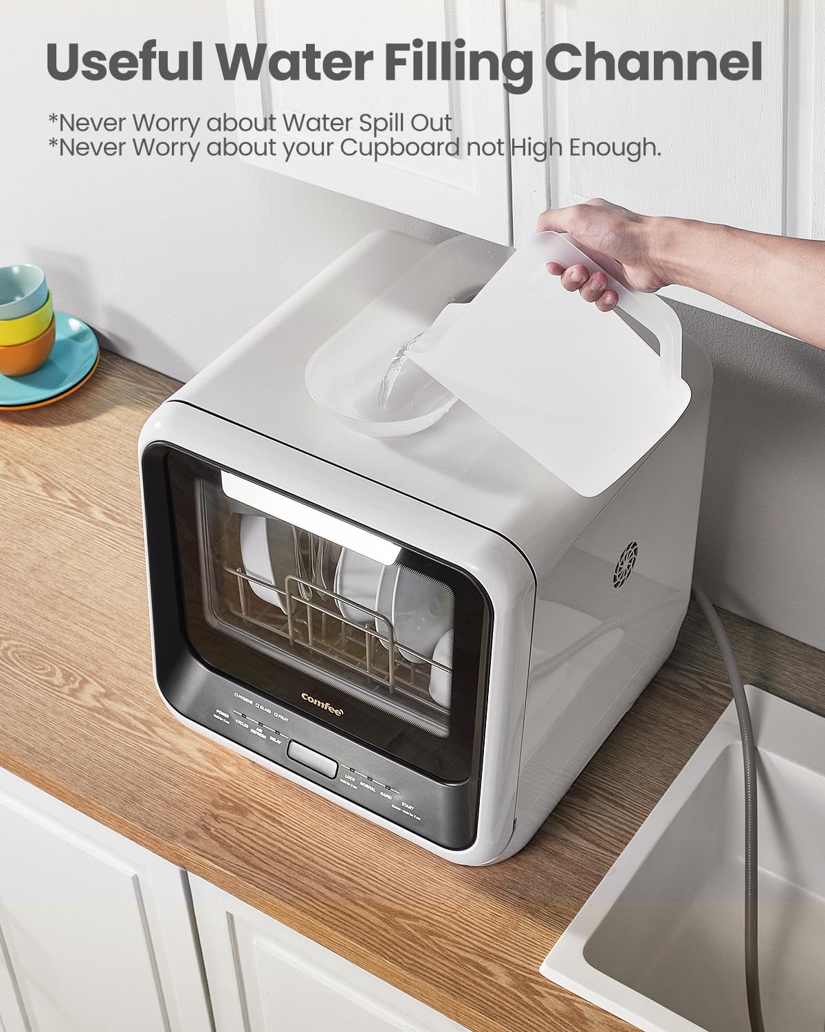 COMFEE' Portable Mini Dishwasher Countertop with 1.32Gal Built-in Water Tank for Apartments& RVs, No Hookup Needed, 6 Programs, 360° Dual Spray, 162℉ High-Temp& Air-Dry Function