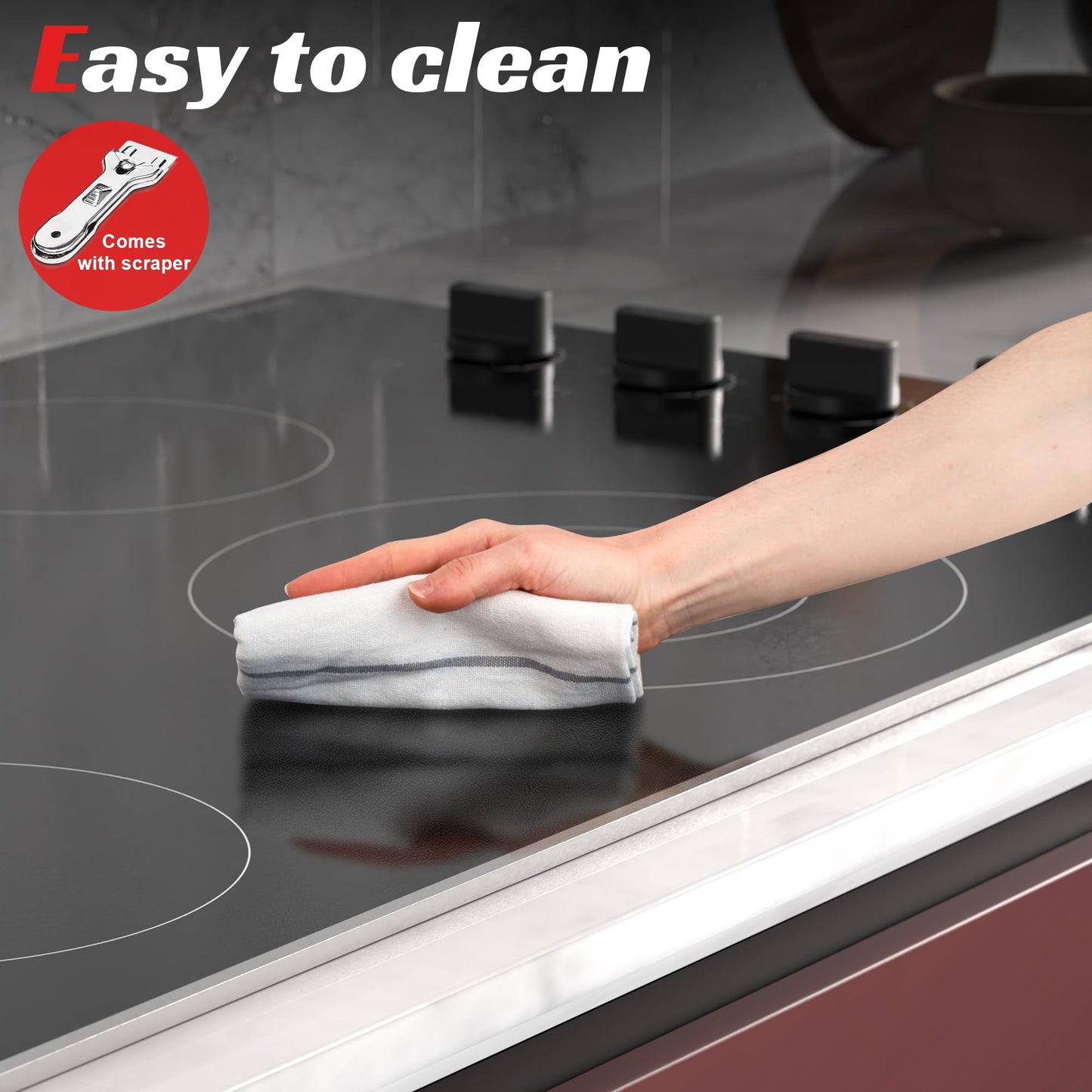 Karinear 30 Inch Electric Cooktop 4 Burners, Knob Control Built-in Ceramic Cooktop, 30" Radiant Electric Stove Top with Glass Protection Metal Frame,Hot Surface Indicator, 220-240v, Hard Wire, No Plug