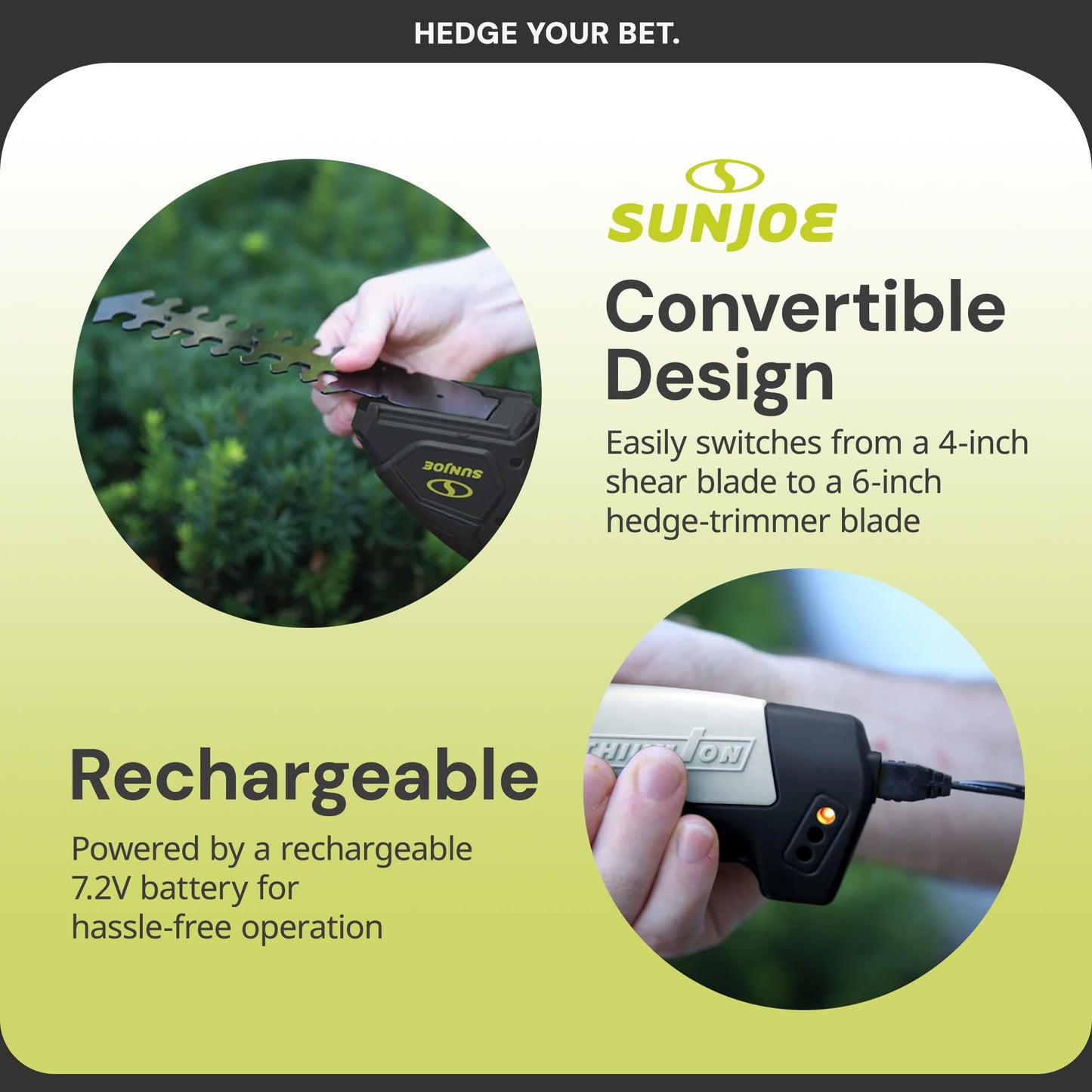 Sun Joe 2 in 1 Cordless 7.2V Handheld 4" Grass Shear and 6" Hedge Trimmer, Battery Powered, Built-In Safety Switch and Blade Safety Cover