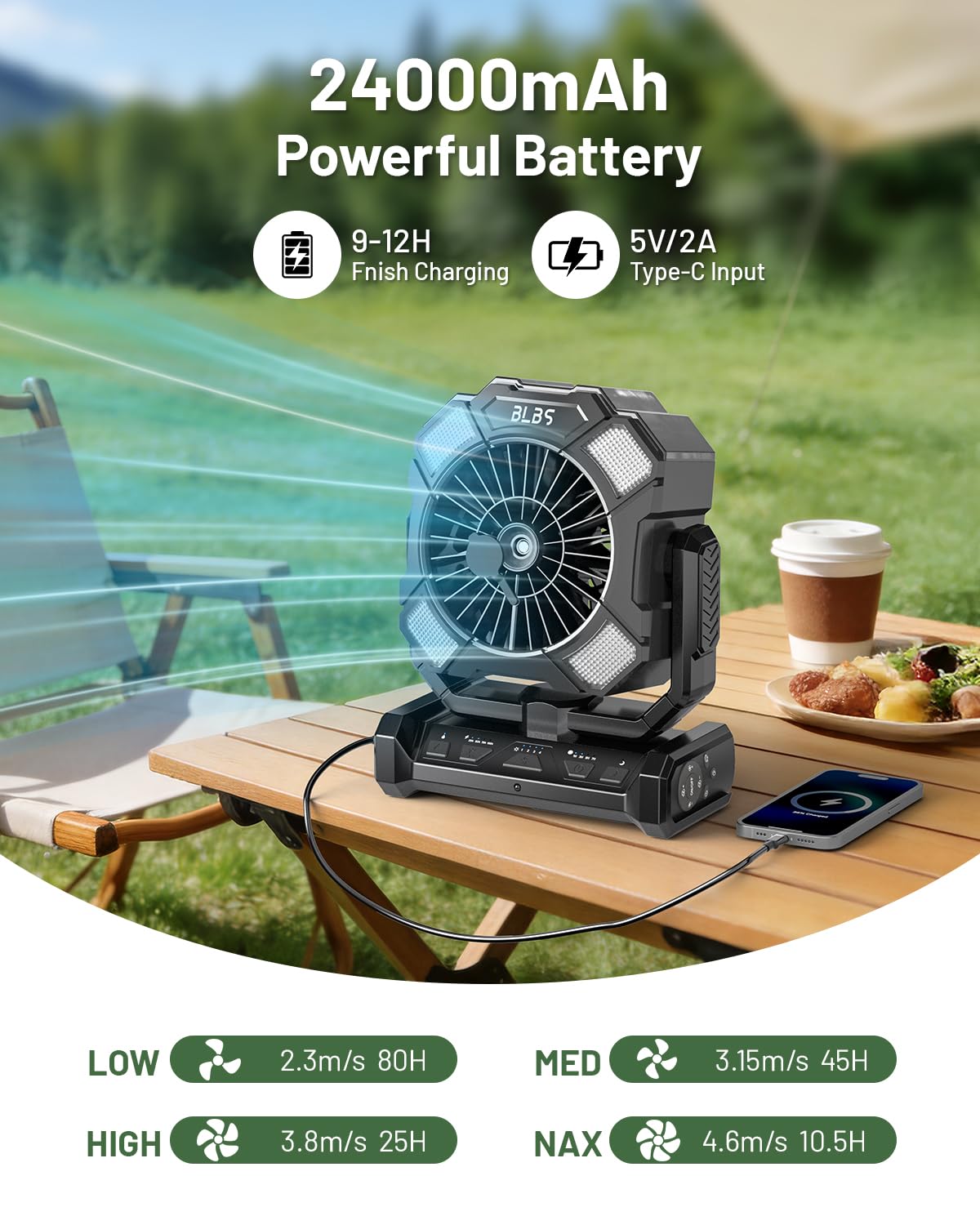 BLBS Camping Misting Fan, 24000mAh Rechargeable Battery Powered, 80H Runtime, 300ml Water Tank, LED Light & Hook, Portable Outdoor Fan for Camping Travel（Black）
