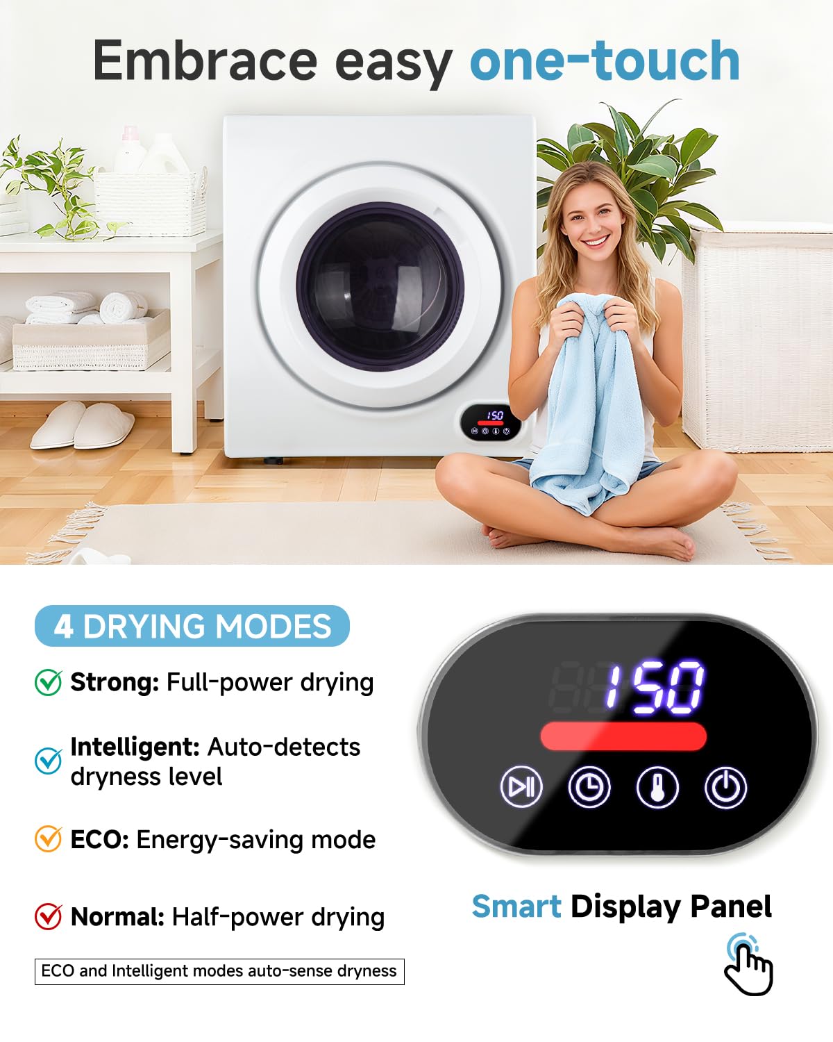 Feelfunn 2.65 Cu.Ft Portable Clothes Dryer - 1400W Clothes Dryer with Stainless Steel Tub, Front Load Tumble, LCD Touch Panel - Compact Drying Unit for Laundry, Apartments, Dorms