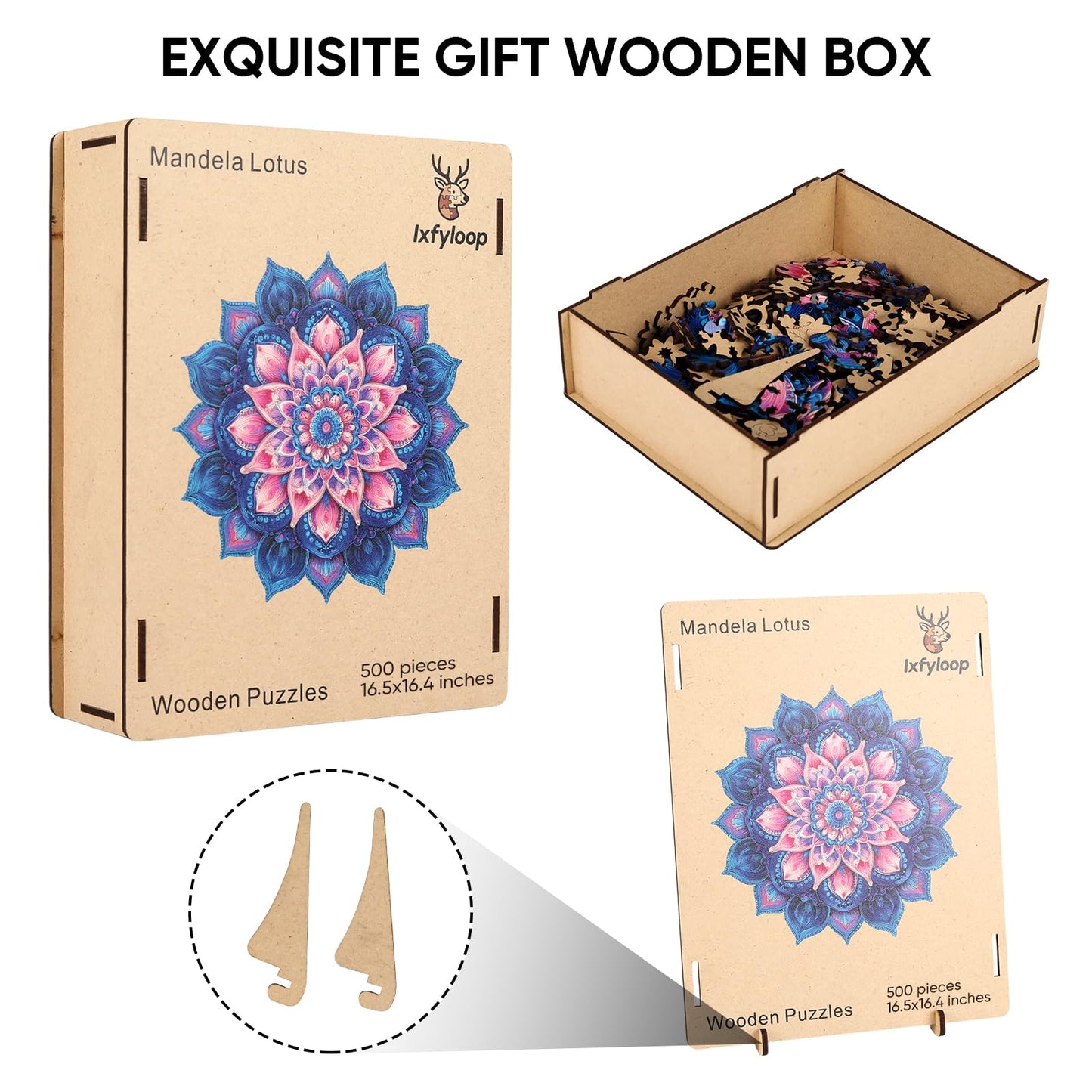Ixfyloop Mandala Wooden Puzzles for Adults 471 Pieces, Lotus Jigsaw Puzzles Mindfulness Yoga Gift for Women, Relaxing Stress Relief Wooden Puzzles, Wood Puzzles Adult 16.4x16.5 inch
