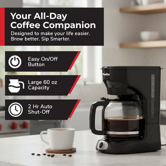 Mueller 12-Cup Drip Coffee Maker - Borosilicate Carafe, Auto-Off, Reusable Filter, Anti-Drip, Keep-Warm Function, Clear Water Level Window Coffee Machine, Kitchen Essentials & Accessories