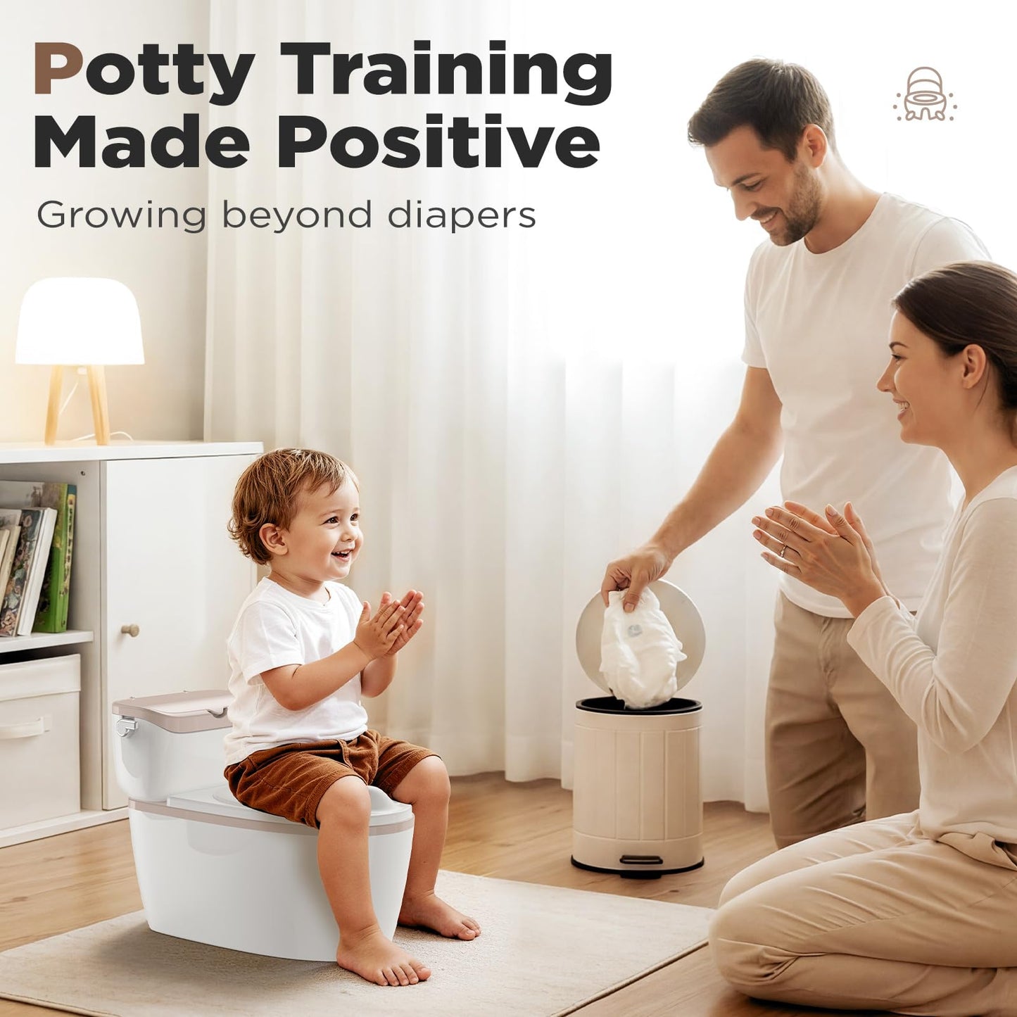 3-in-1 Toddler Potty Training Toilet with Flushing Sound, Wipes Storage & Toilet Paper Holder, Realistic Potty Chair with Detachable Seat and Easy-Clean Design for Boys & Girls Ages 18+ Months (Brown)