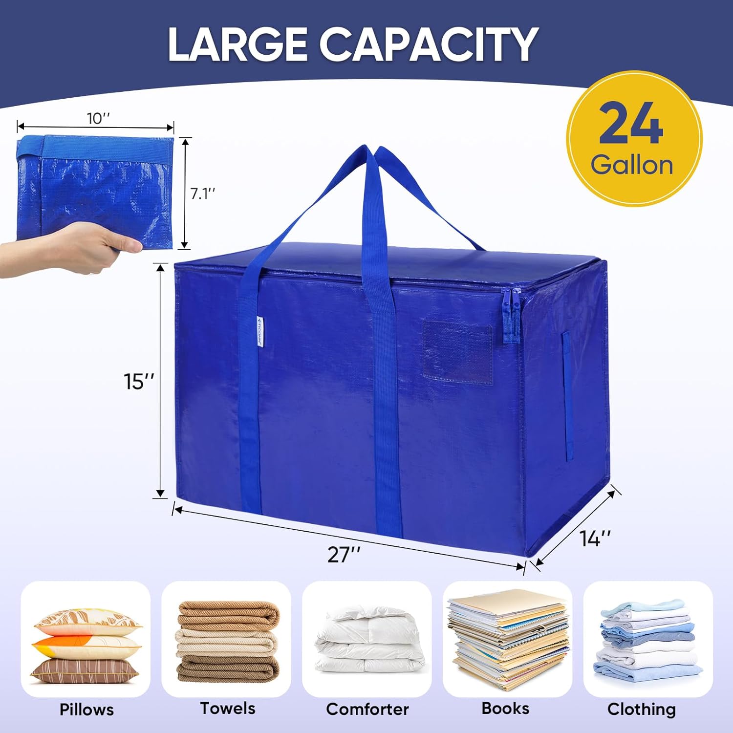 TICONN 12 Pack Extra Large Moving Bags Heavy Duty with Zippers & Carrying Handles, Durable Storage Bags Moving Boxes for Closet Organizers and Storage (12 Pack, Blue)