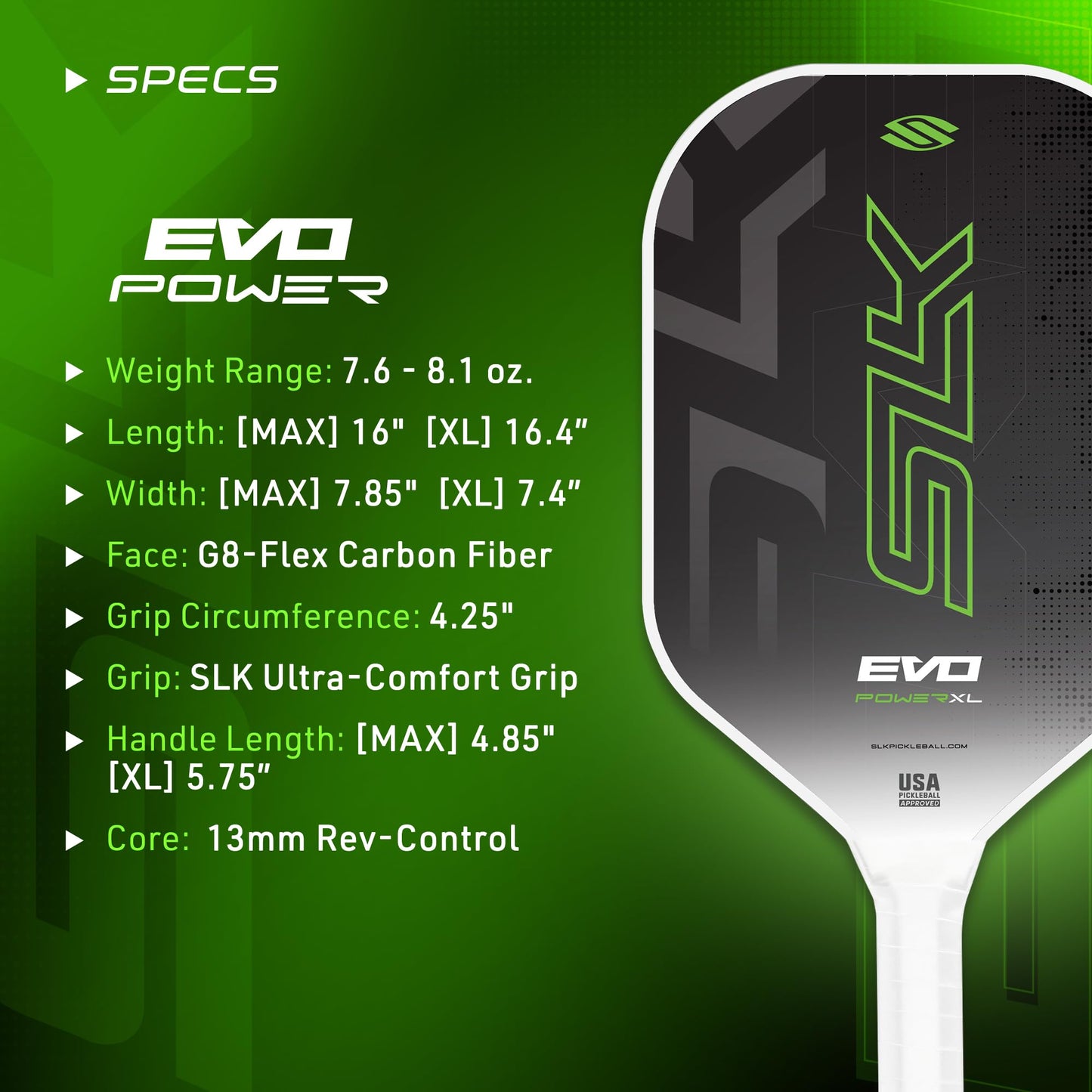 Selkirk Sport SLK Evo Power XL Pickleball Paddle by Selkirk Sport | G9 Power Carbon Fiber Pickleball Paddle with SpinFlex Surface and Rev-Hybrid Polymer Core | Power Green XL