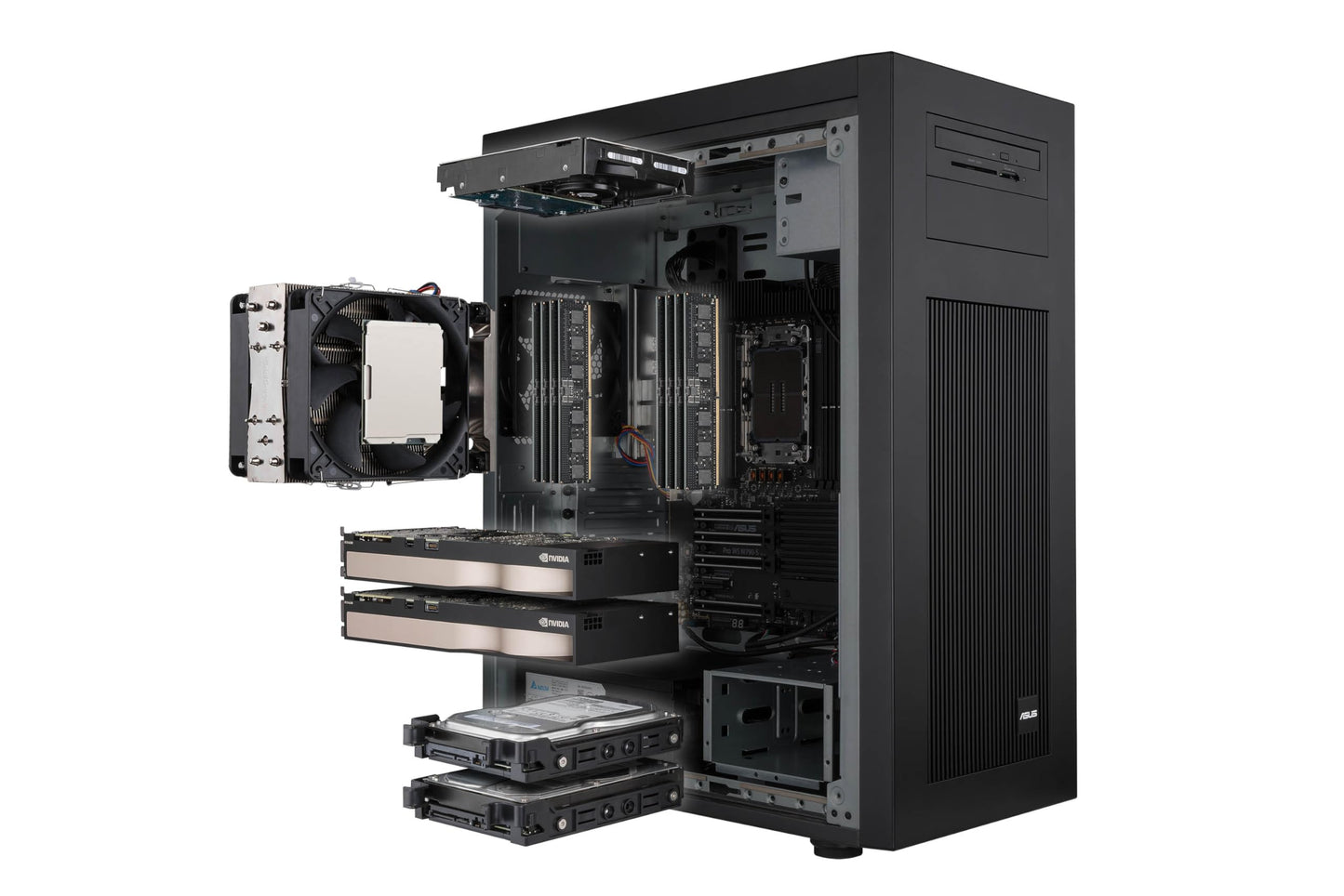 ASUS ExpertCenter Pro ET700I W7-B-750 Performance AI Barebones workstation supports Intel® Xeon® W-3400/W-2400, PCIe 5.0, DDR5 ECC, 2x 2.5Gb LAN, 2 x M.2, 2x GPU support, 750W 80 PLUS® Gold PSU, USB C