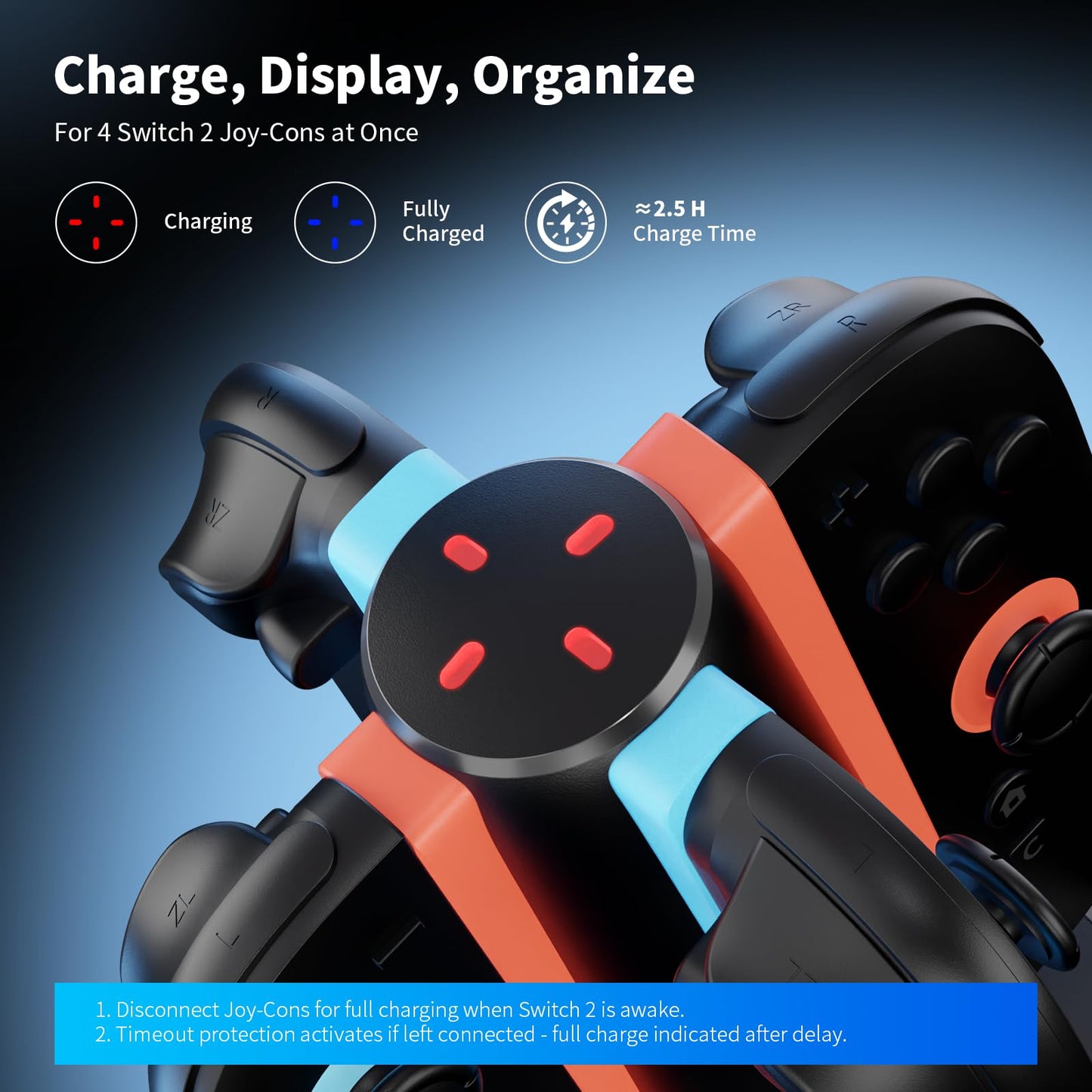 AceGamer 4-In-1 Charging Dock for Nintendo Switch 2 Joy-Con in Any Direction, 4-Port Magnetic Charging Station, Vertical Fast Charging Stand with LED Indication and USB Type-C Charger Cable, Black