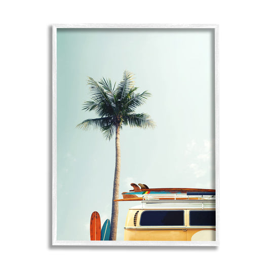 Stupell Industries Surf Bus Yellow With Palm Tree Photography, Design by Design Fabrikken, 11 x 14, White Framed