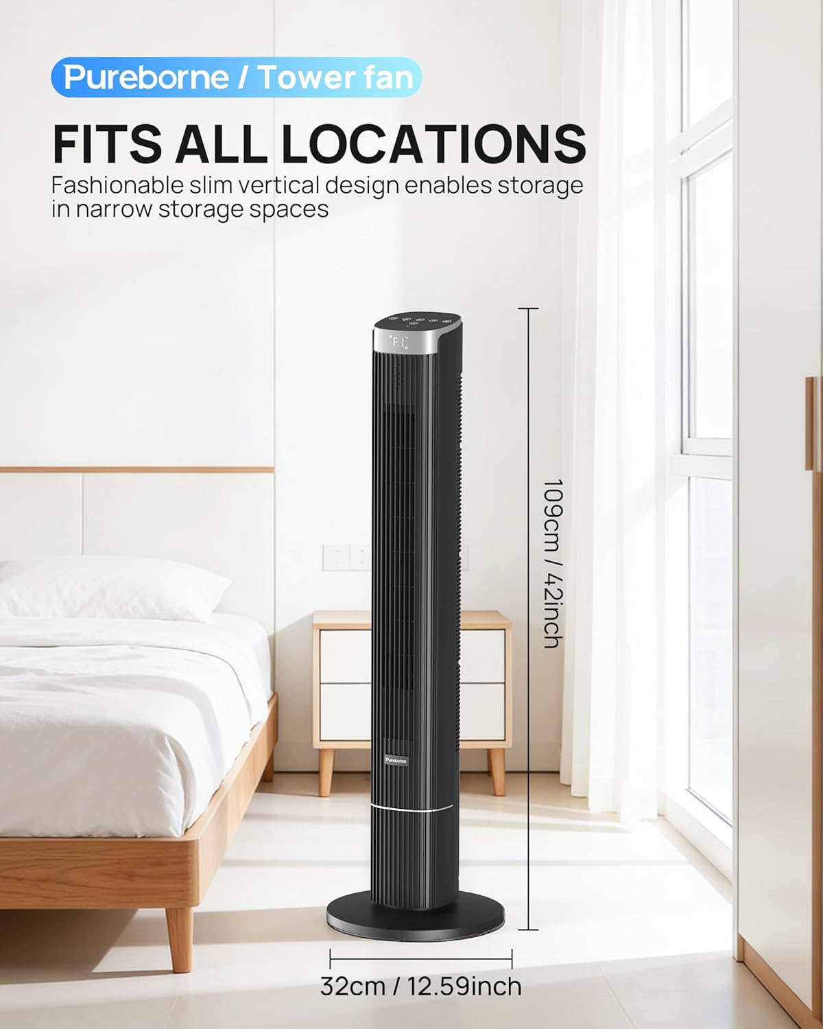 Tower Fan for Home Bedroom, 25dB Ultra-Quiet Sleep Mode, 25ft/s Smart Standing Fans, 90° Oscillating Floor Fan, Works with WiFi Voice Control, 4 Speeds 4 Modes, 12H Timer, 42” Black, 1 Pack