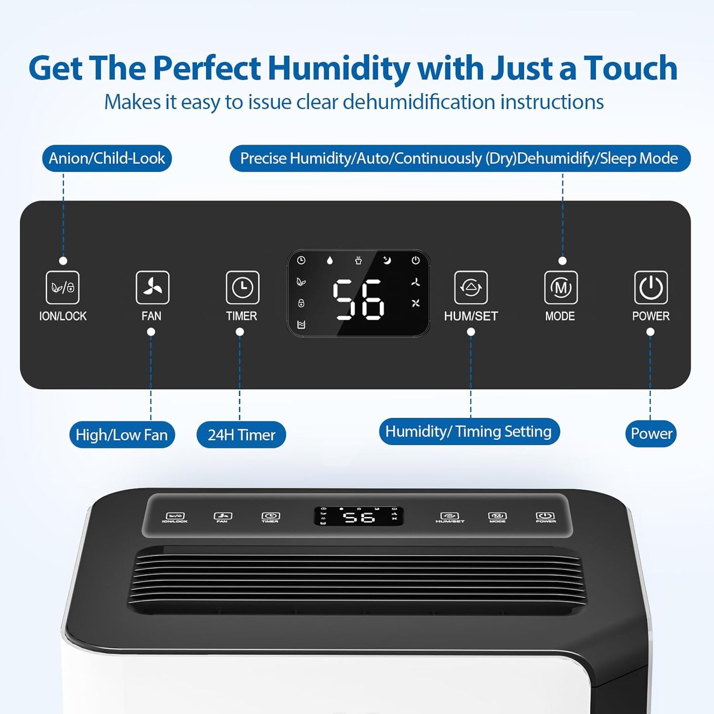 FreAire 54Pint Dehumidifier for 4500Sq.Ft, Compressor Dehumidifiers for Home, Front Humidity Value Display&Quiet Dehumidifier for Basement, Bedroom, Bathroom, with Drain Hose, 1.13 Gallon Water Tank