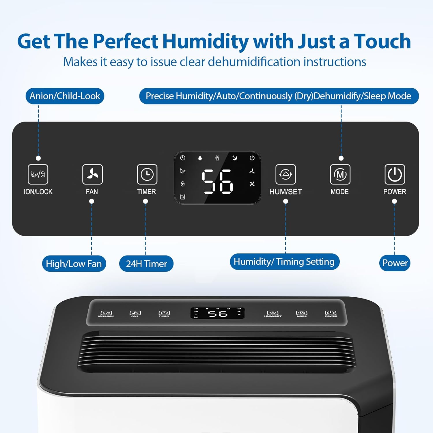 FreAire 54Pint Dehumidifier for 4500Sq.Ft, Compressor Dehumidifiers for Home, Front Humidity Value Display&Quiet Dehumidifier for Basement, Bedroom, Bathroom, with Drain Hose, 1.13 Gallon Water Tank