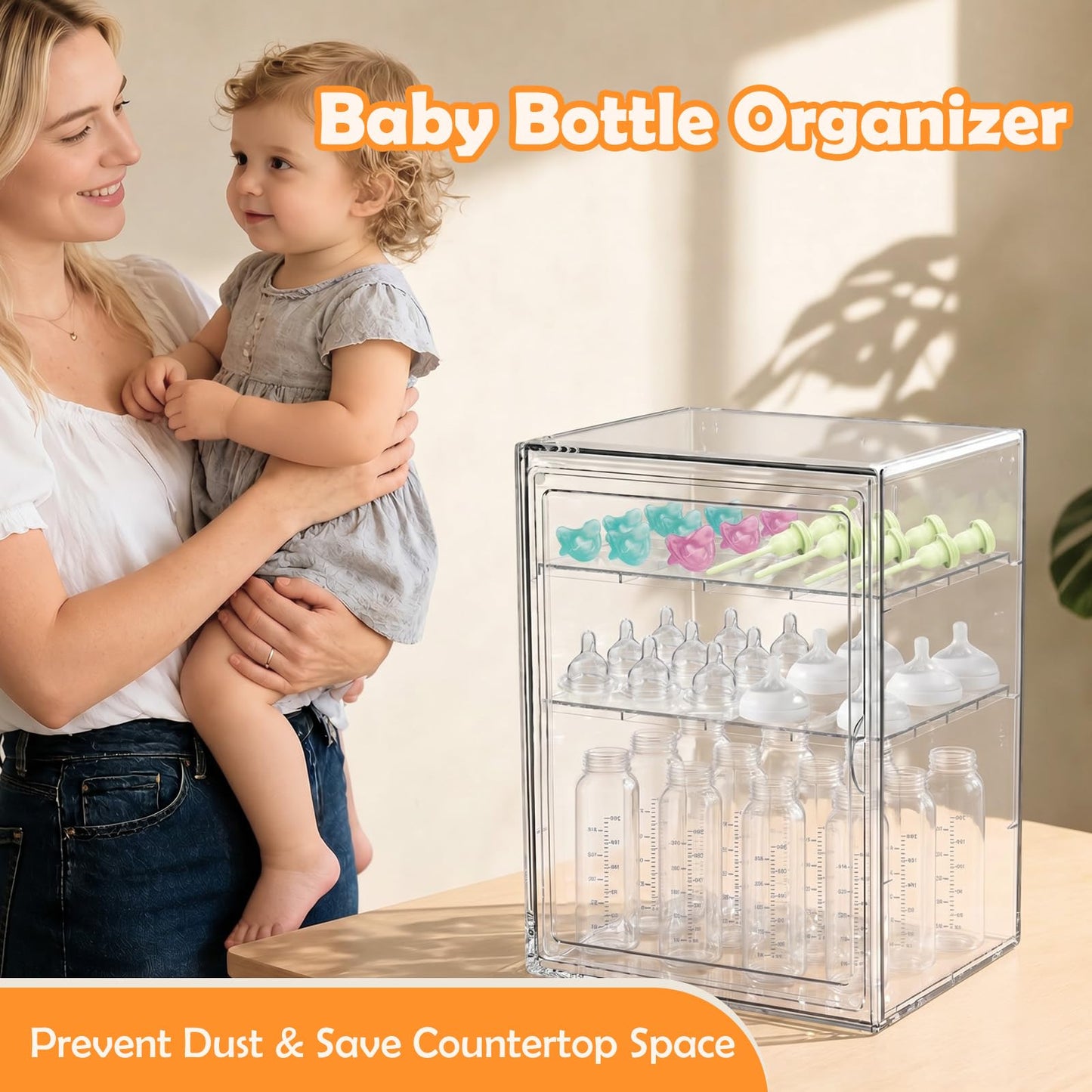 LEARNIBEE Baby Bottle Organizer,Adjustable Height Bottle Storage Organizer Baby for Bottles, Pacifiers, Pump Parts, Clear Organizer for Countertop, Cabinet,Vanity, Bathroom