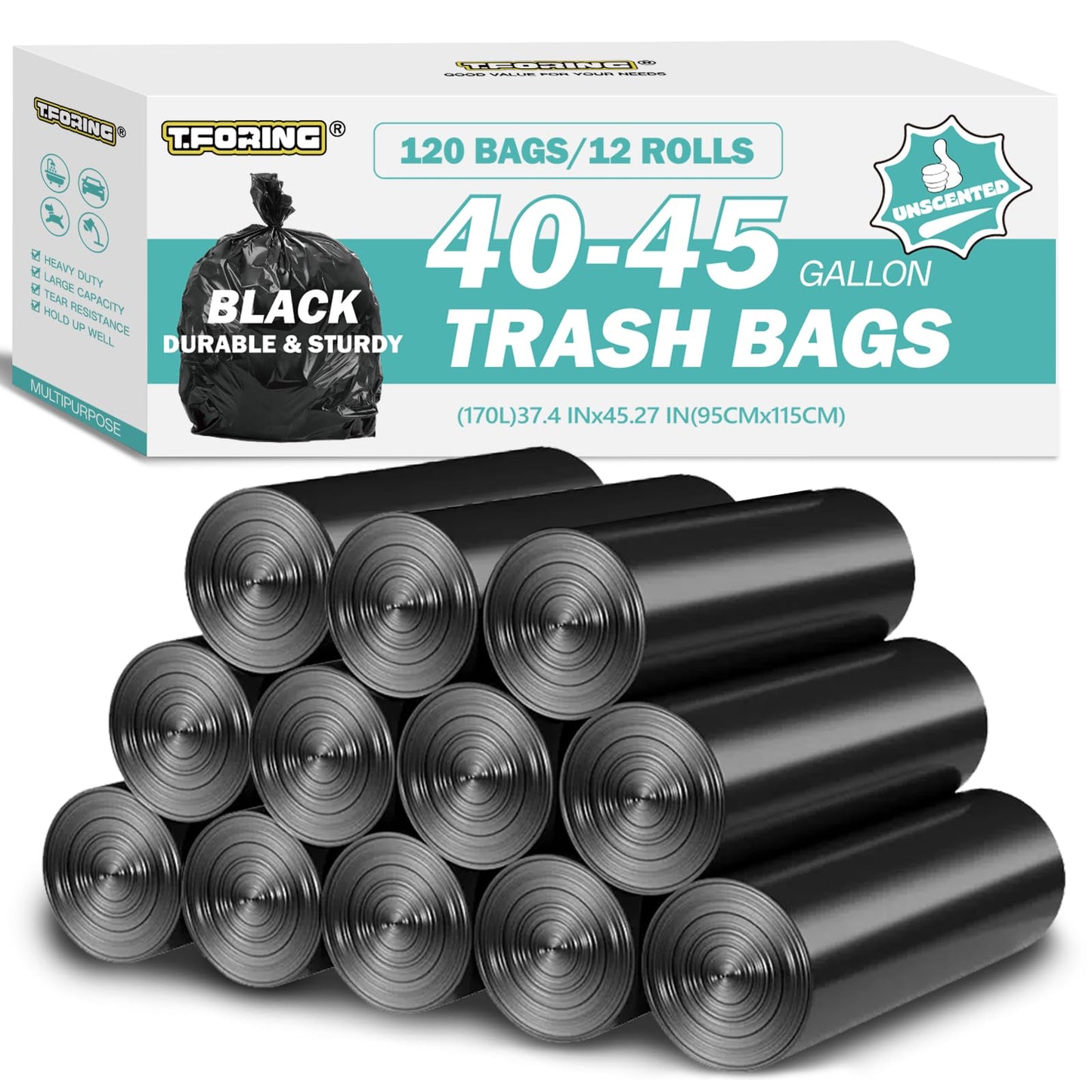 T.FORING 40-45 Gallon Black Trash Bags 120 Count - 37''x45'' Large Garbage Bags Unscented, 40+ Gallon Trash Can Liners, Multipurpose for Office, Outdoor, Recycling and Commercial