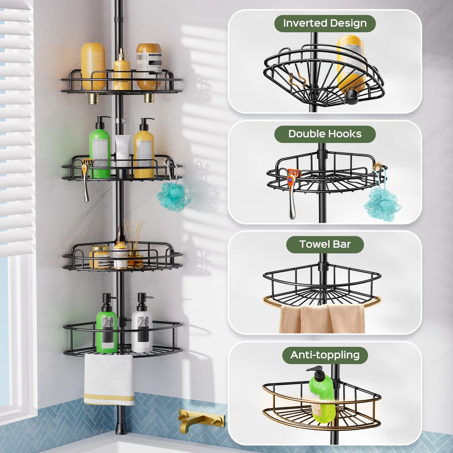 HAMITOR Shower Caddy Tension Pole: 4-Tier Rustproof Bathroom Corner Shelf Organizer for Renters - No Drill Large Shampoo Storage Rack - Adjustable 47-121 Inch - Space Saving Bathtub Accessory - Black