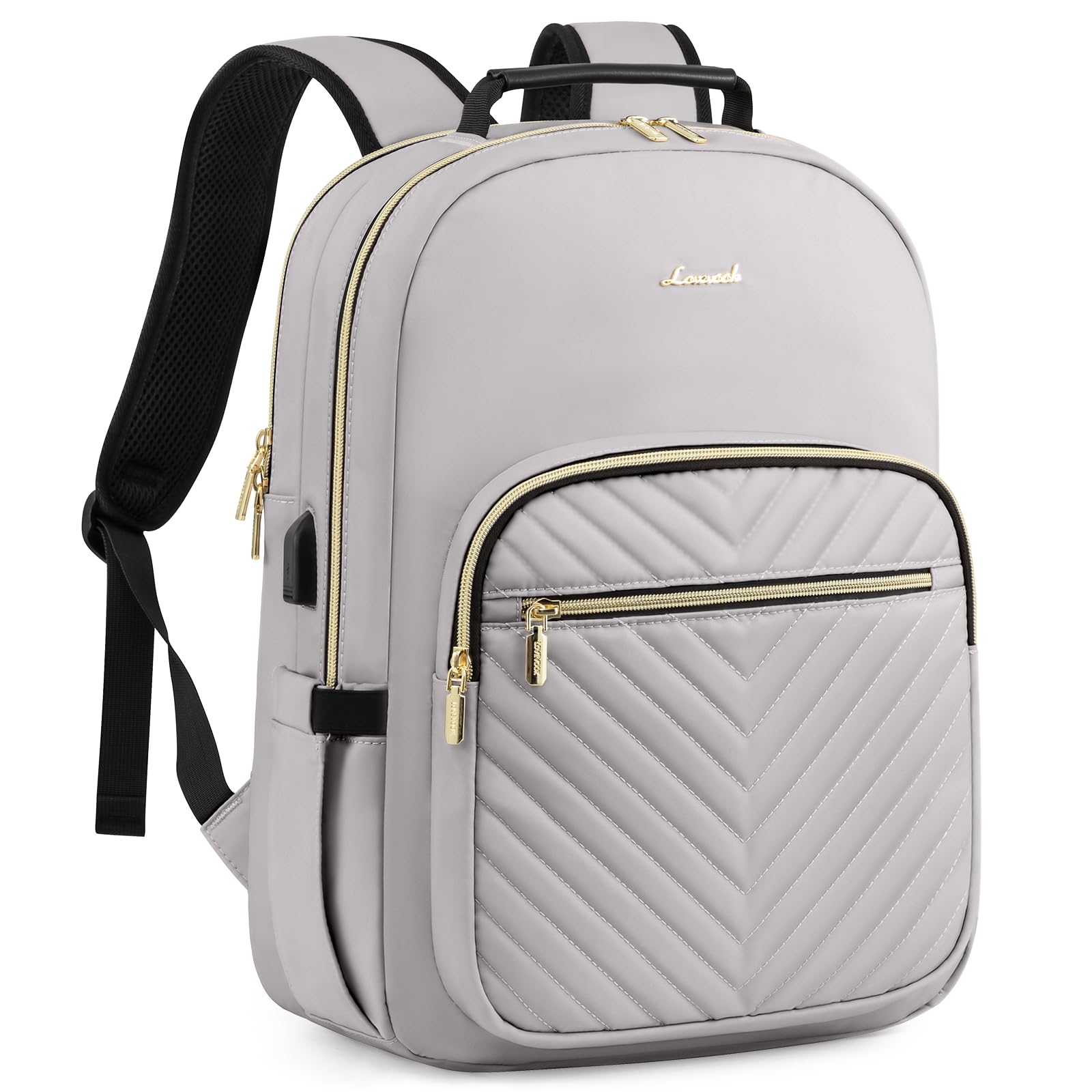 LOVEVOOK Laptop Backpack Purse for Women, Work Travel Computer Bags, College School Backpack for Student Girl, Quilted Casual Daypack with USB Port, Fit 15.6 Inch Laptop, Beige White