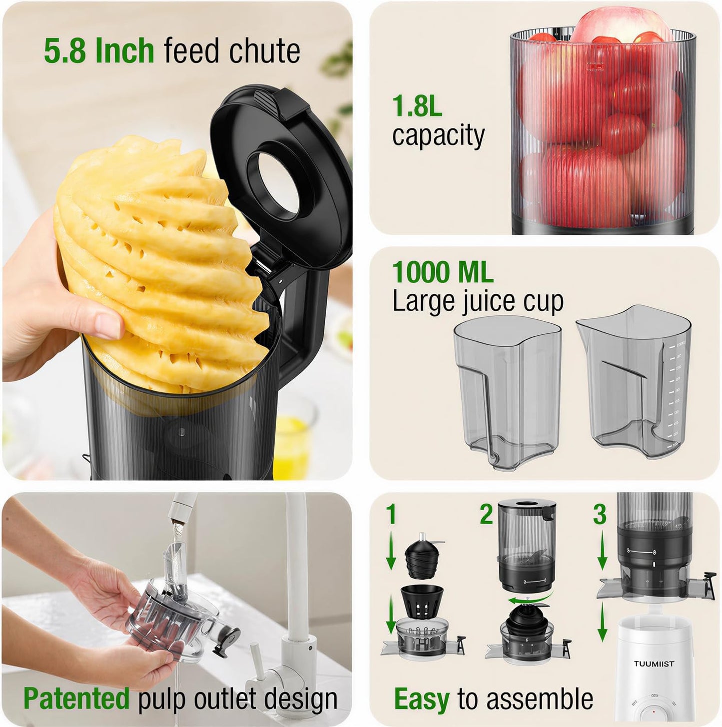 TUUMIIST Cold Press Juicer Machine, 5.8 Inch Extra Large Feed Chute for Whole Fruits, Easy to Clean Slow Juicer, High Yield, BPA Free - Classic White