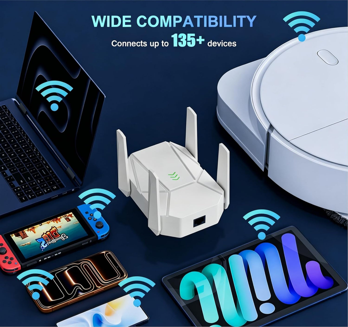 WiFi Extender, 2026 15X Fastest WiFi 6 Booster AX1800 (5.8/2.4GHz) 18,999 sq.ft Long Range and 135+ Devices, WiFi Extender Signal Booster for Home with Ethernet Port (White)