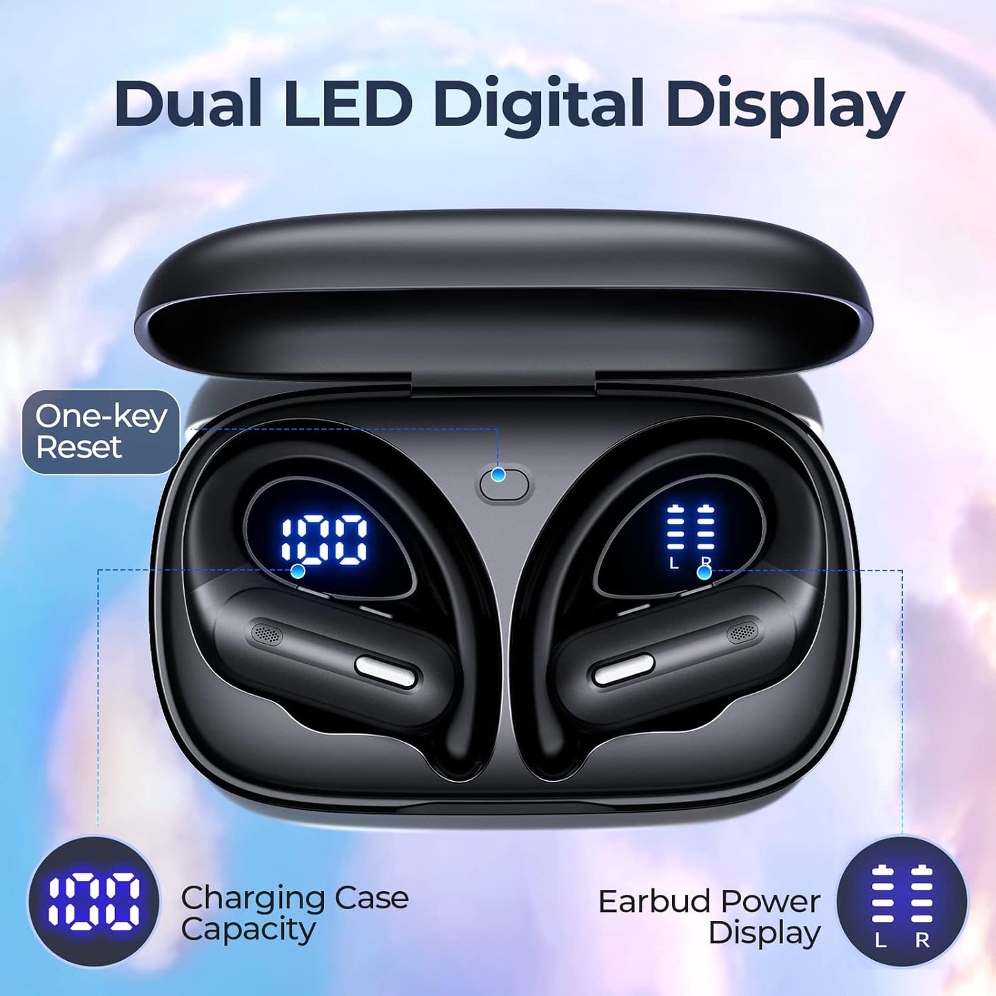 Active Noise Cancelling Wireless Earbuds Bluetooth Headphones 90 Hrs Playtime Ear Buds with Hi-Res Stereo Deep Bass Power Display Earphones with Earhooks Waterproof Transparency Headset Sports/Running