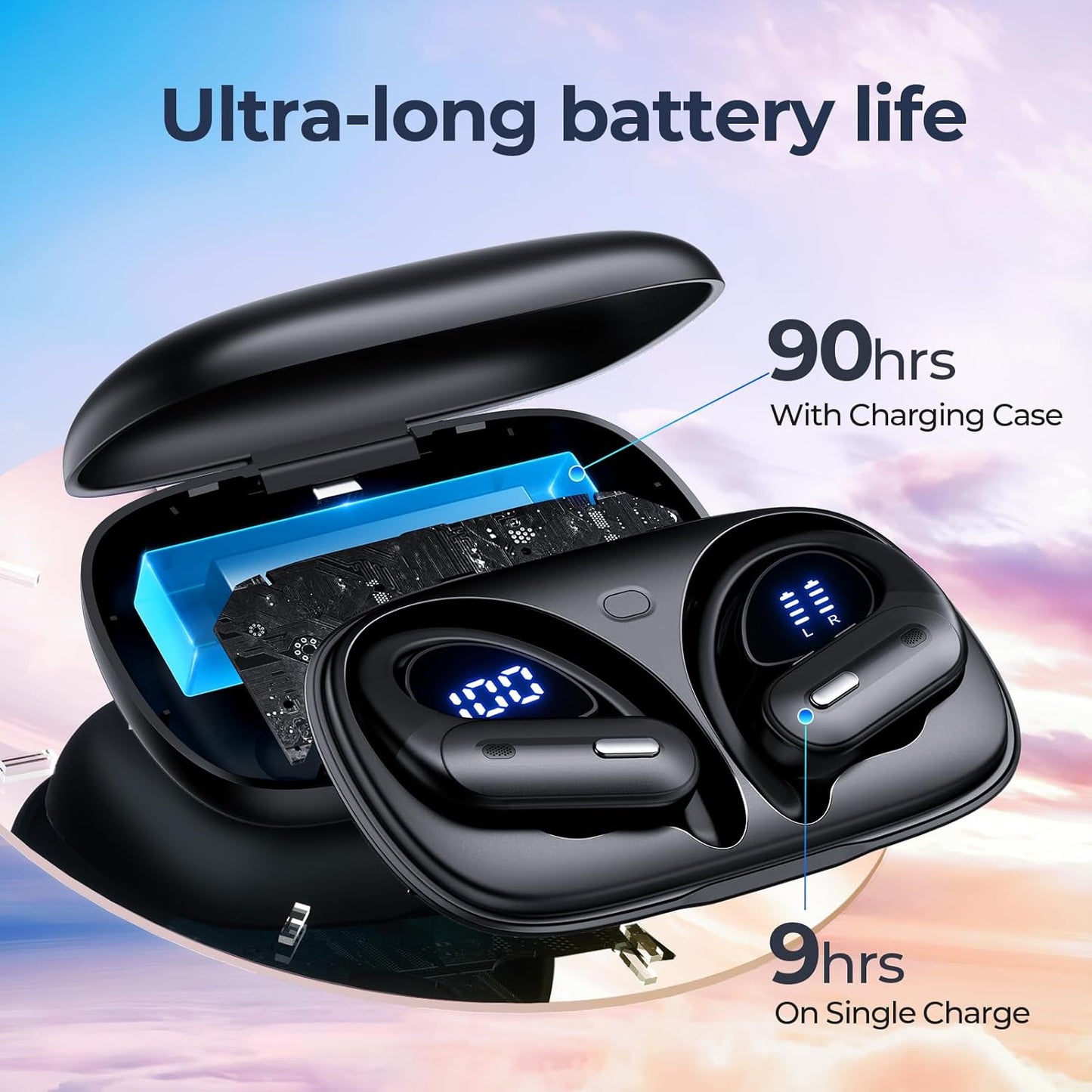Active Noise Cancelling Wireless Earbuds Bluetooth Headphones 90 Hrs Playtime Ear Buds with Hi-Res Stereo Deep Bass Power Display Earphones with Earhooks Waterproof Transparency Headset Sports/Running