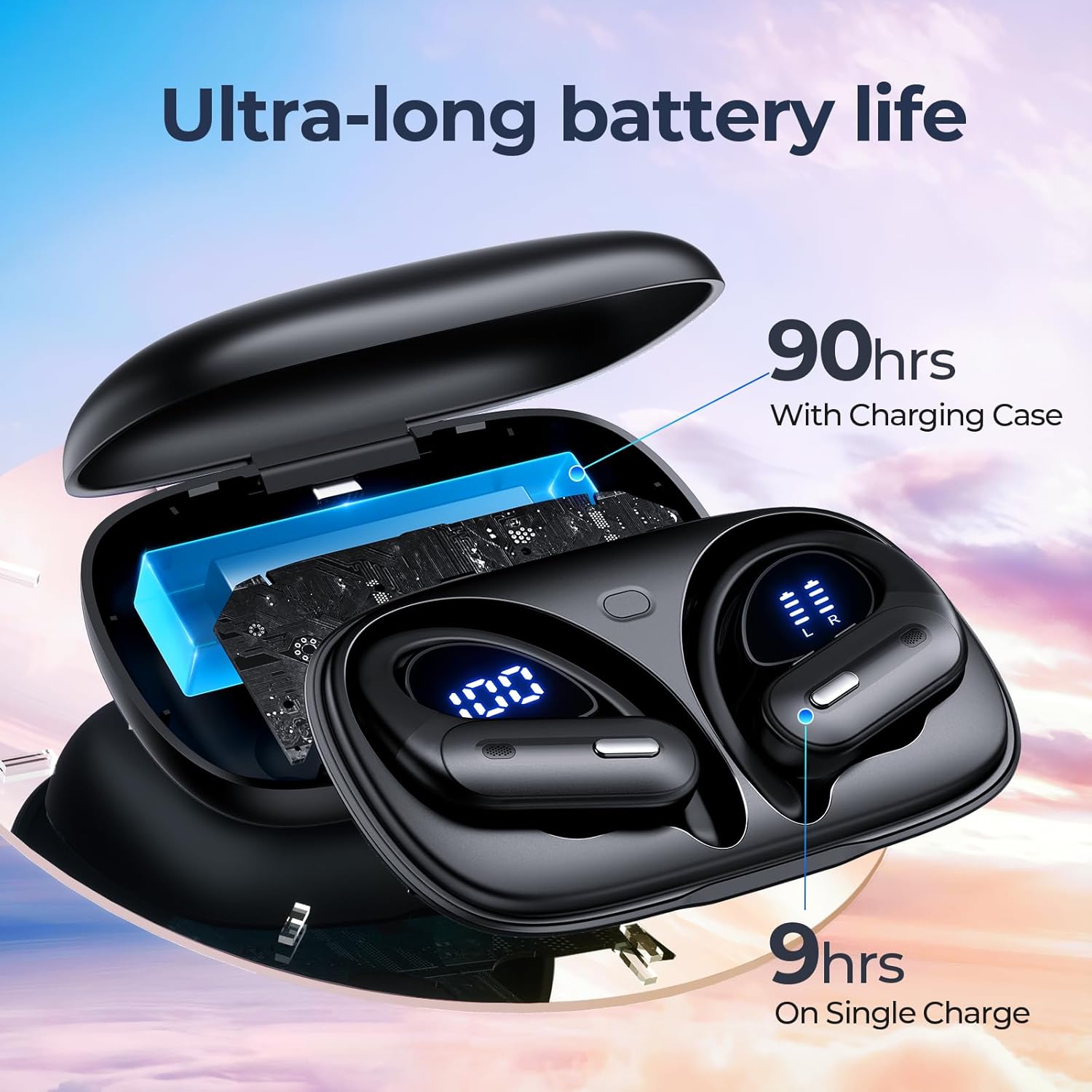 Active Noise Cancelling Wireless Earbuds Bluetooth Headphones 90 Hrs Playtime Ear Buds with Hi-Res Stereo Deep Bass Power Display Earphones with Earhooks Waterproof Transparency Headset Sports/Running