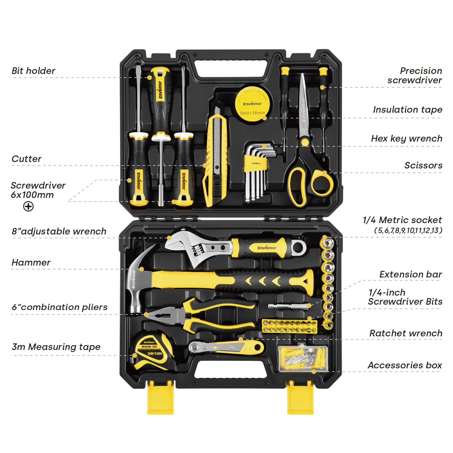 ENVENTOR Home Tool Kit, Basic Household Auto Repair Tool Set with Toolbox Storage Case, General Household Tool Kit for Men Women Home Maintenance, DIY Projects, 90 PCS General Hand Tools Kit