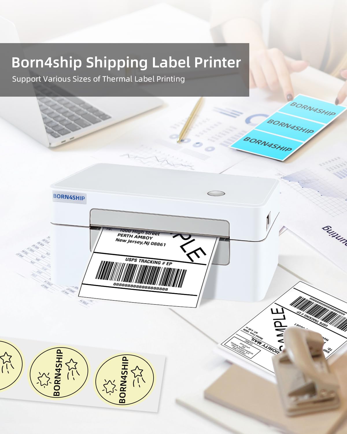 BORN4SHIP Bluetooth Shipping Label Printer, 4x6 Thermal Printer for Shipping Packages, Thermal Label Printer for Small Business, Widely Used for Amazon, iPhone, Android, iPad, Windows, macOS (Gray)