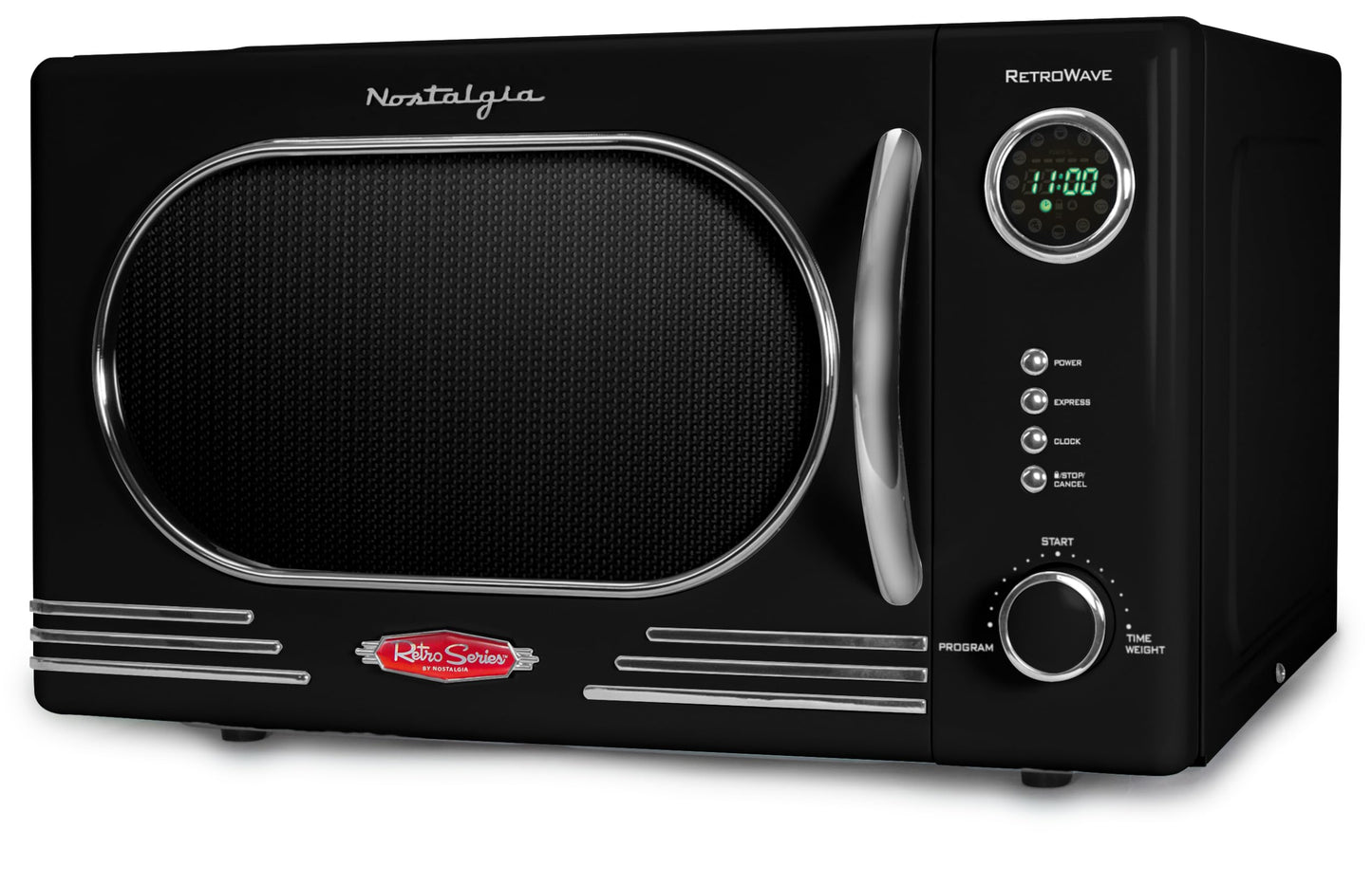 Nostalgia NRMO11BK6A 1000 Watt Power Retro Countertop Microwave Oven Easy to Clean with Removable Glass Turntable-Child Safety Lock-12 Programs-Digital Clock, 1.1 Cu Ft, Black