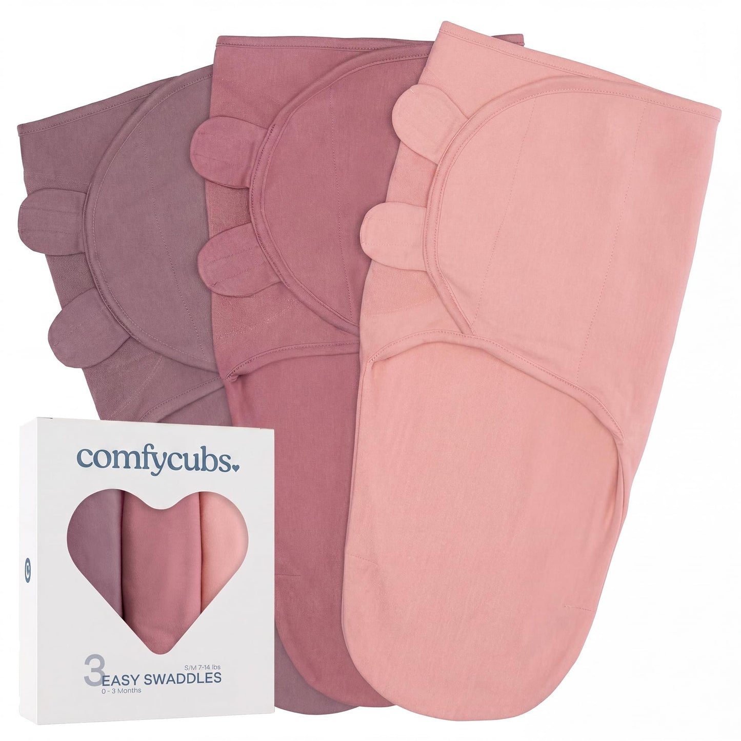 Comfy Cubs Easy Swaddle Blanket, 3 Pack - 100% Cotton Newborn Wrap, Small for 0-3 Months Infants, Breathable and Durable Sleep Sack for Babies - Blush, Mauve & Mulberry