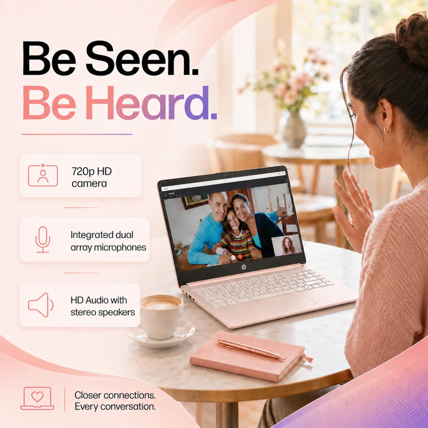 HP Business Laptop, 8GB RAM, 128GB SSD, Intel Processor, Microsoft Office 365 1 Year | No Mouse, Fast Response, Long Battery Life Computer, Rose Gold