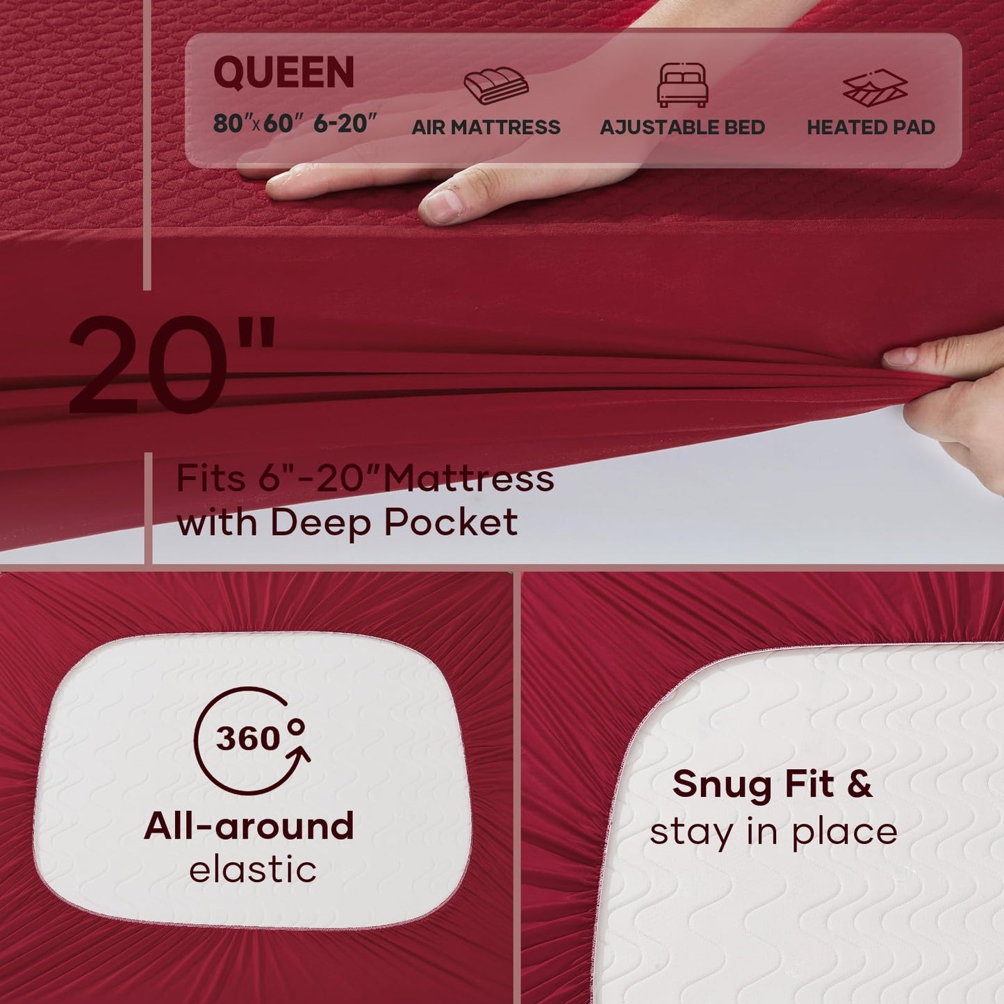 OhGeni 100% Waterproof Mattress Protector,Queen Size Mattress Soft Pad,Pet Hair & Bedwetting Resistant,Cooling Breathable Fitted Sheets,Washable Bed Cover,Non-Slip Deep Pocket,Noiseless,Red