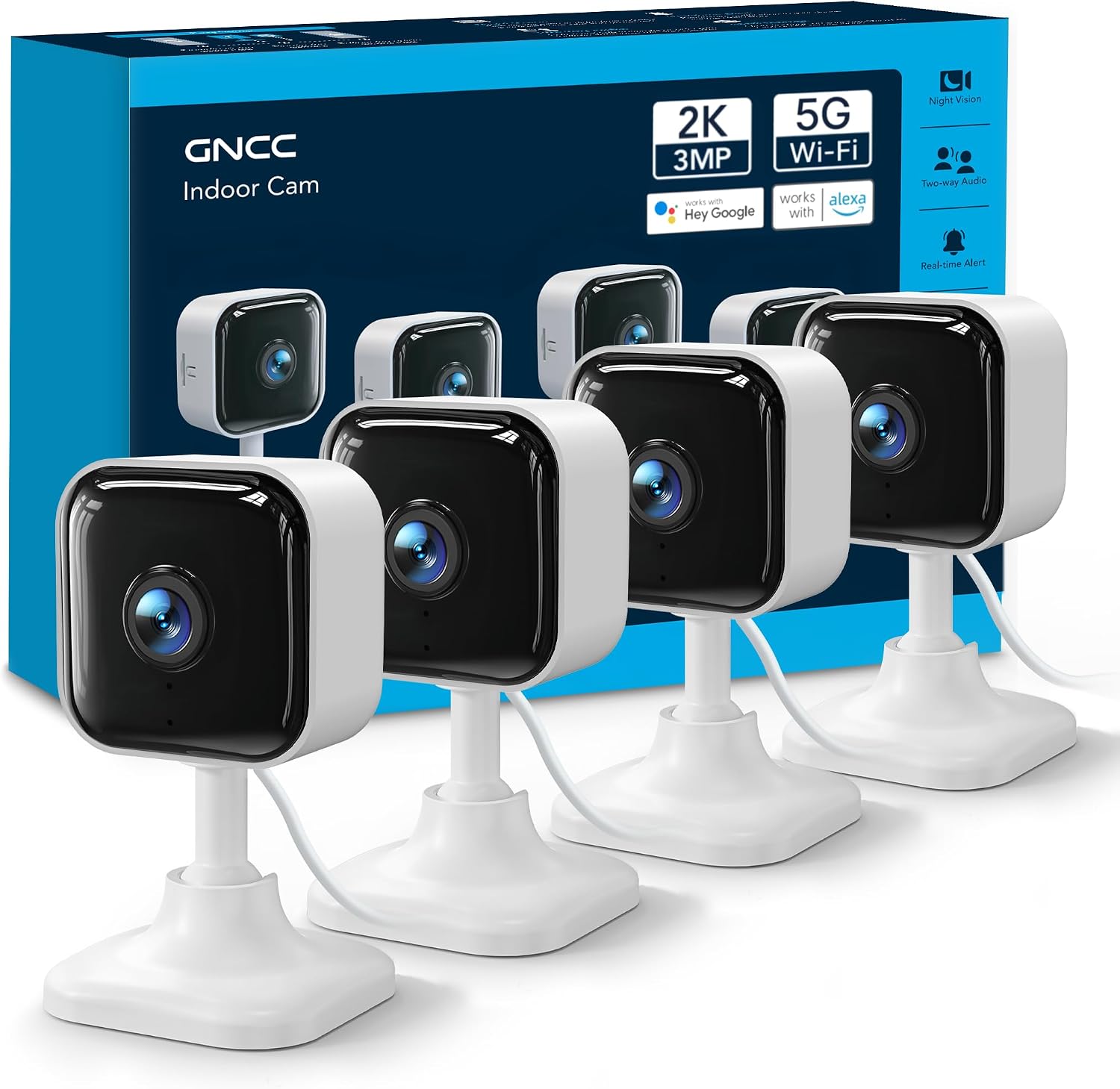 GNCC 2K Cameras for Home Security Indoor Cameras Wireless 2.4G/5G with App | Pet Cam, Dog Camera, Motion Detection, 2 Way Audio, Works with Alexa, Cloud Storage Optional, Fixed View, Plug-in, 4 Pack